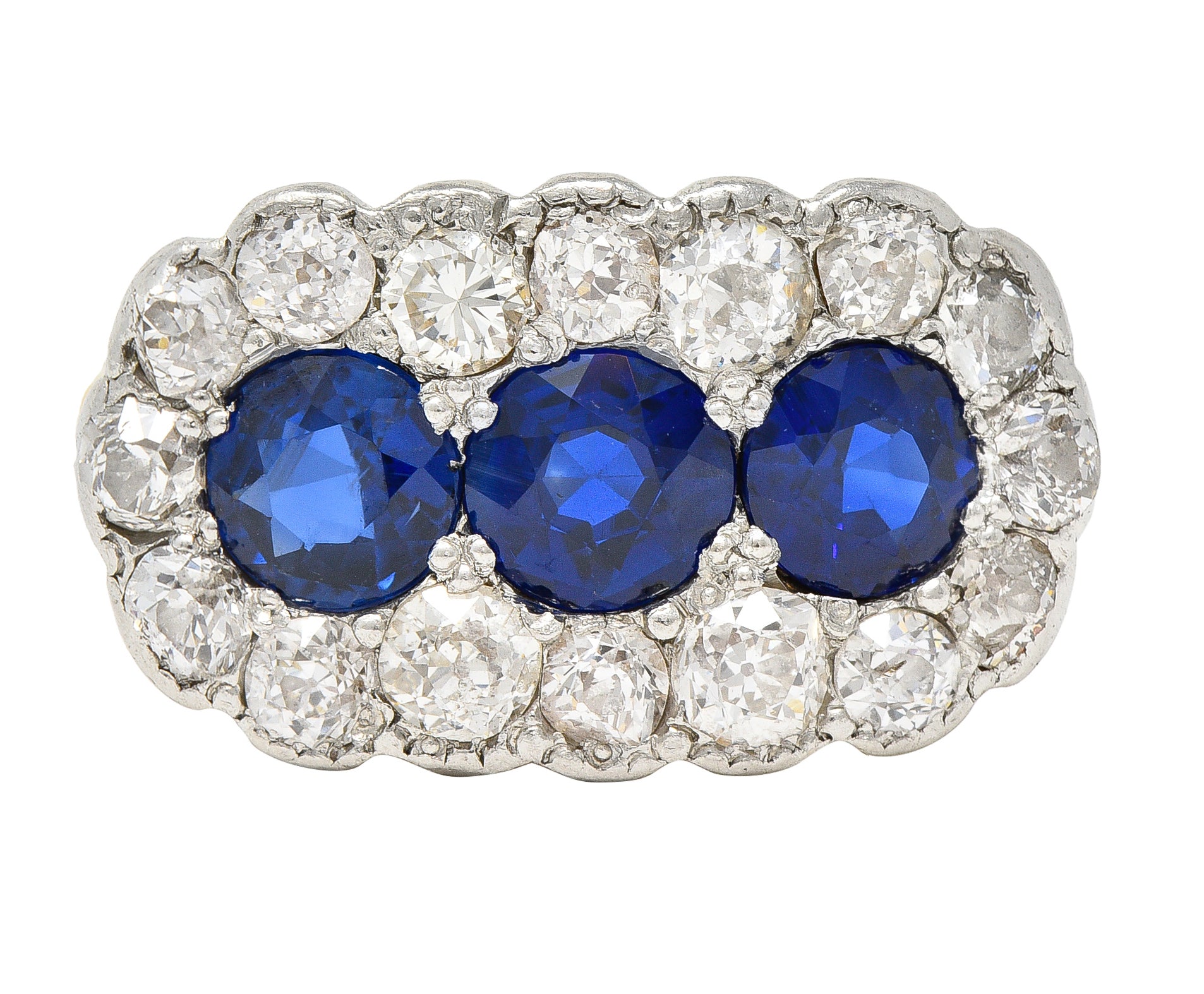 Edwardian 2.40 CTW Sapphire Diamond Platinum 14 Karat Gold Antique Cluster Ring Wilson's Estate Jewelry