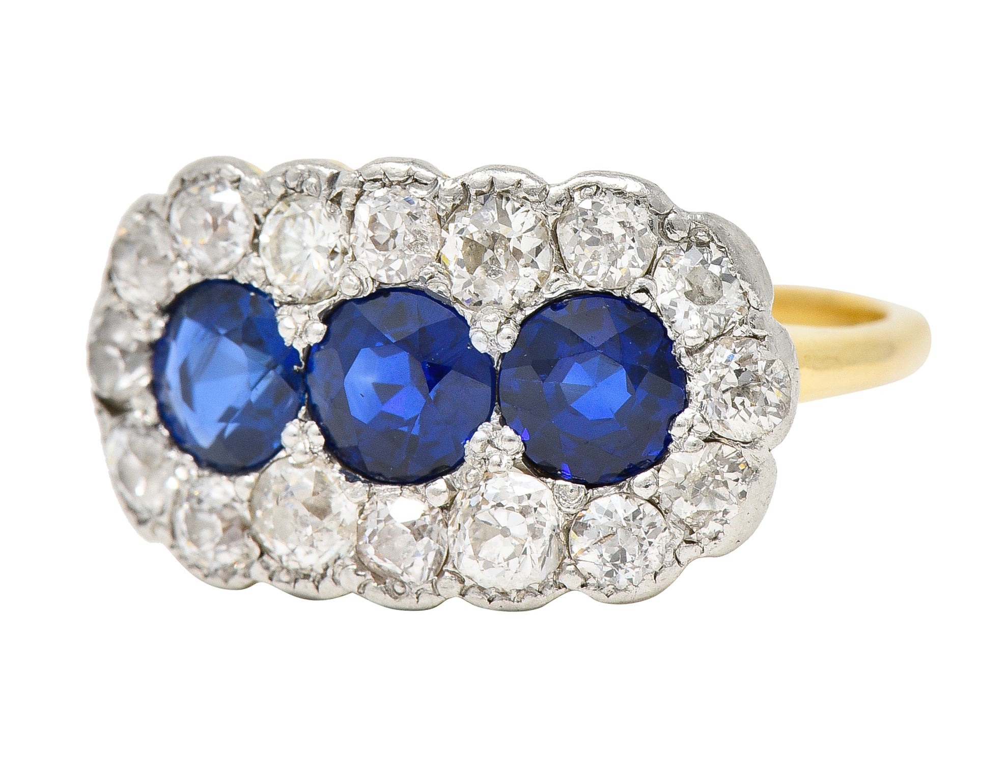 Edwardian 2.40 CTW Sapphire Diamond Platinum 14 Karat Gold Antique Cluster Ring Wilson's Estate Jewelry