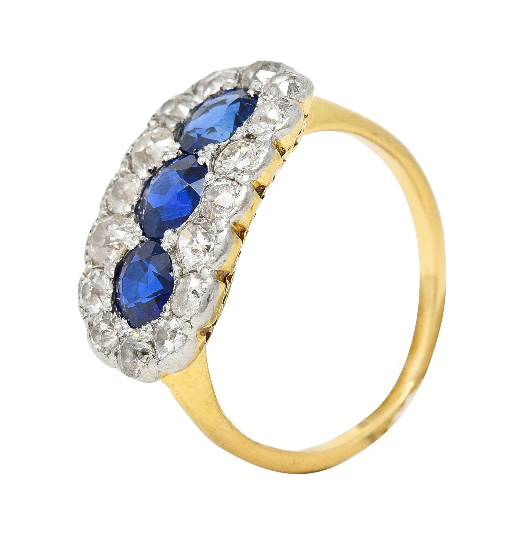 Edwardian 2.40 CTW Sapphire Diamond Platinum 14 Karat Gold Antique Cluster Ring Wilson's Estate Jewelry