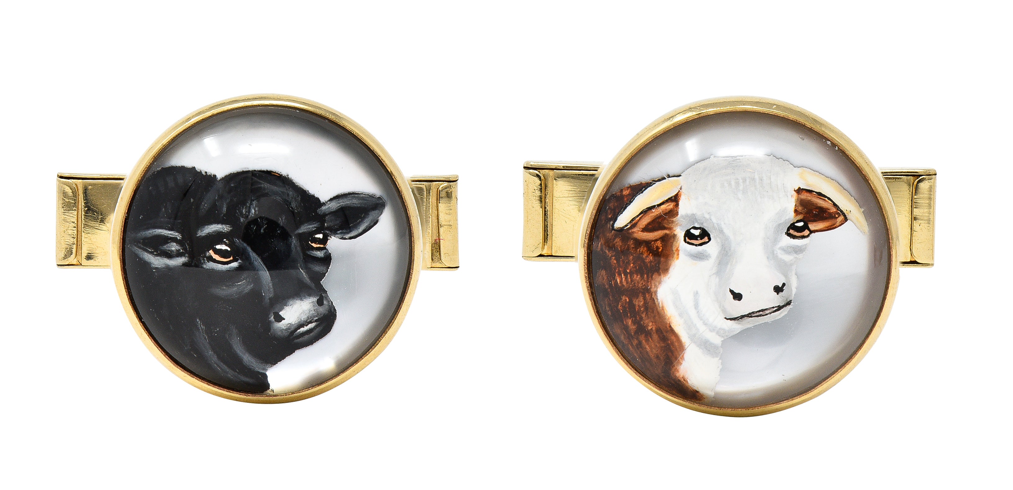 Victorian Essex Crystal Quartz 14 Karat Yellow Gold Cow Animal Antique Cufflinks Wilson's Estate Jewelry