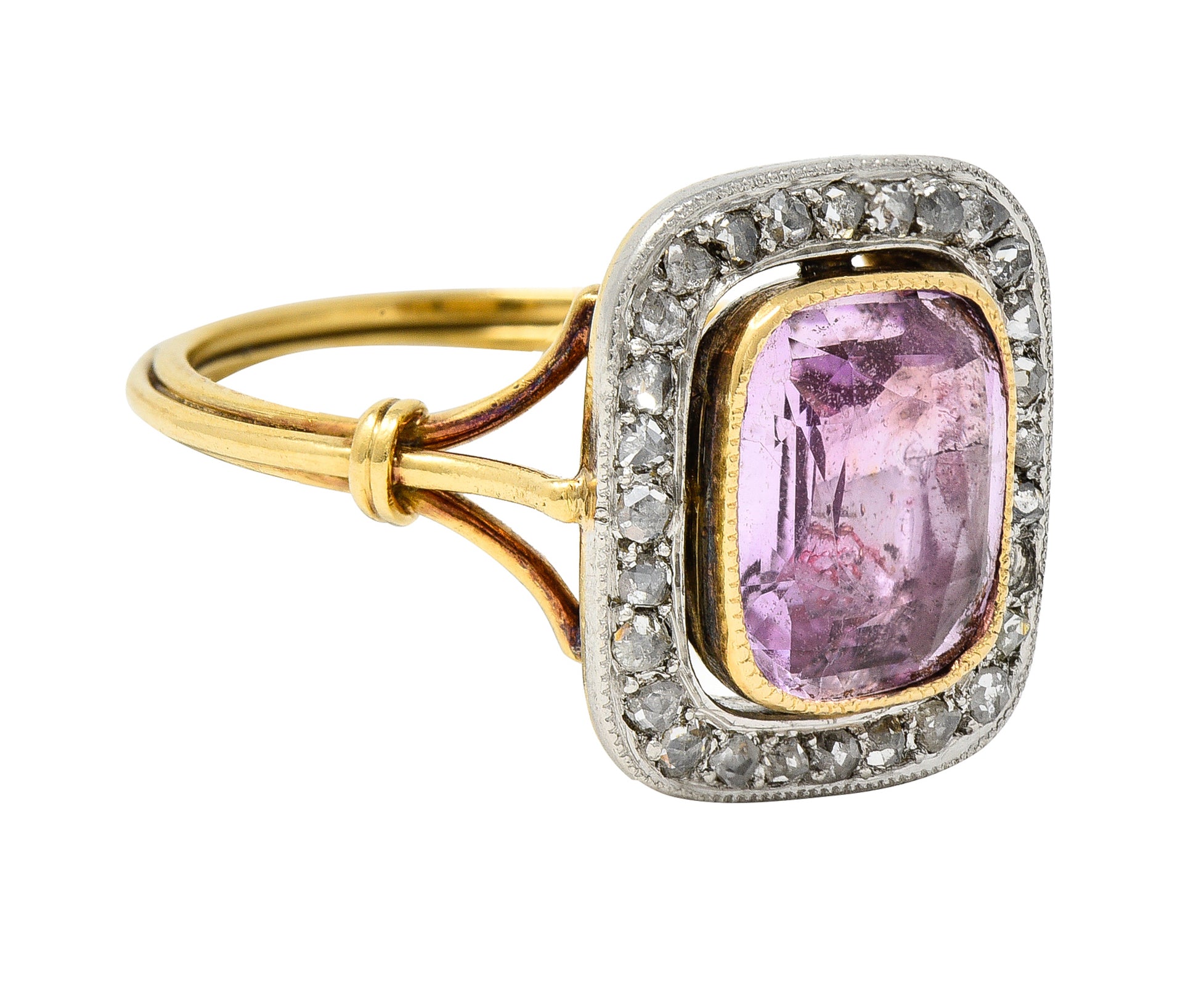 Victorian Pink Sapphire Diamond Platinum 18 Karat Gold Halo Antique Ring Wilson's Estate Jewelry