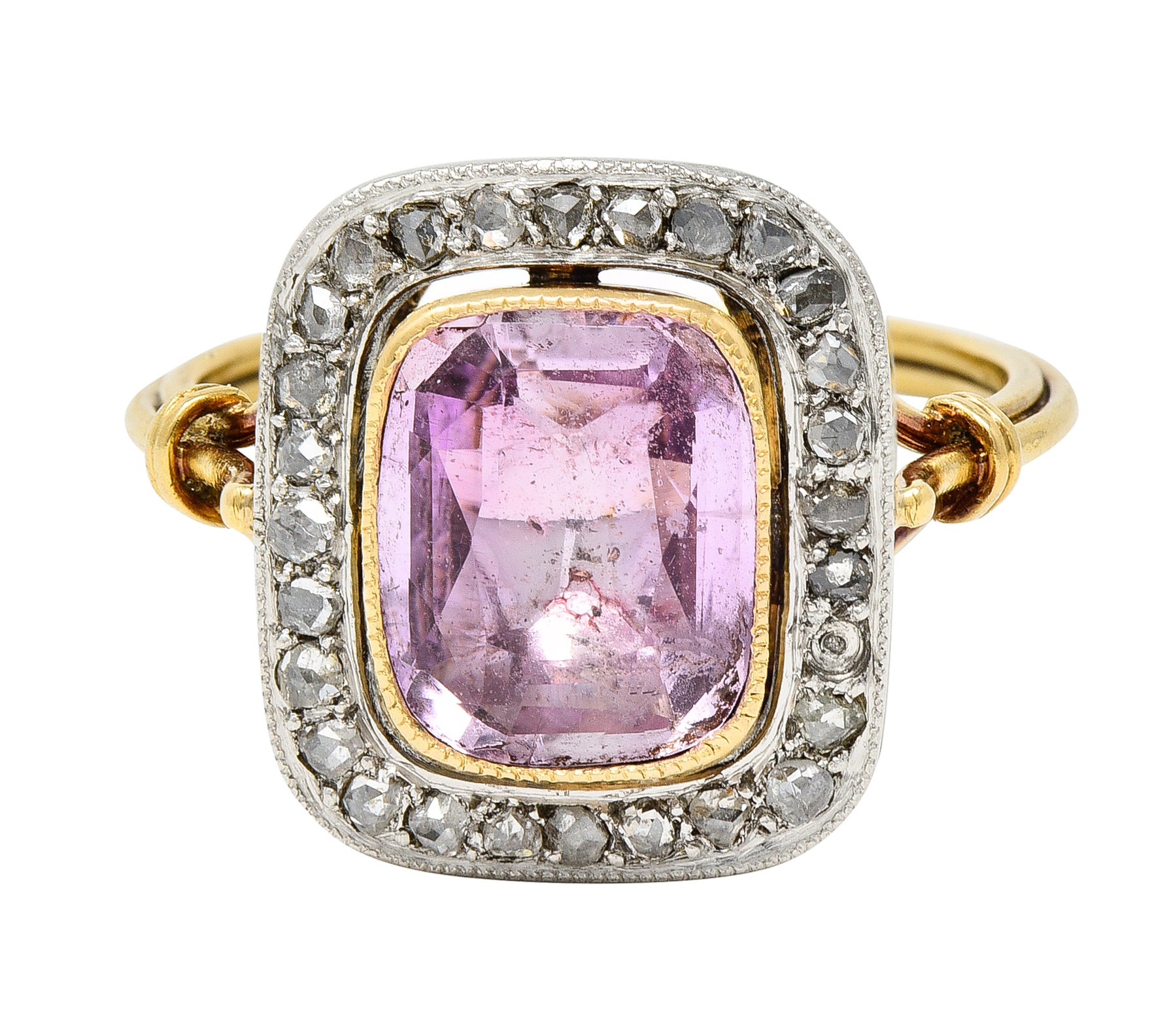 Victorian Pink Sapphire Diamond Platinum 18 Karat Gold Halo Antique Ring Wilson's Estate Jewelry