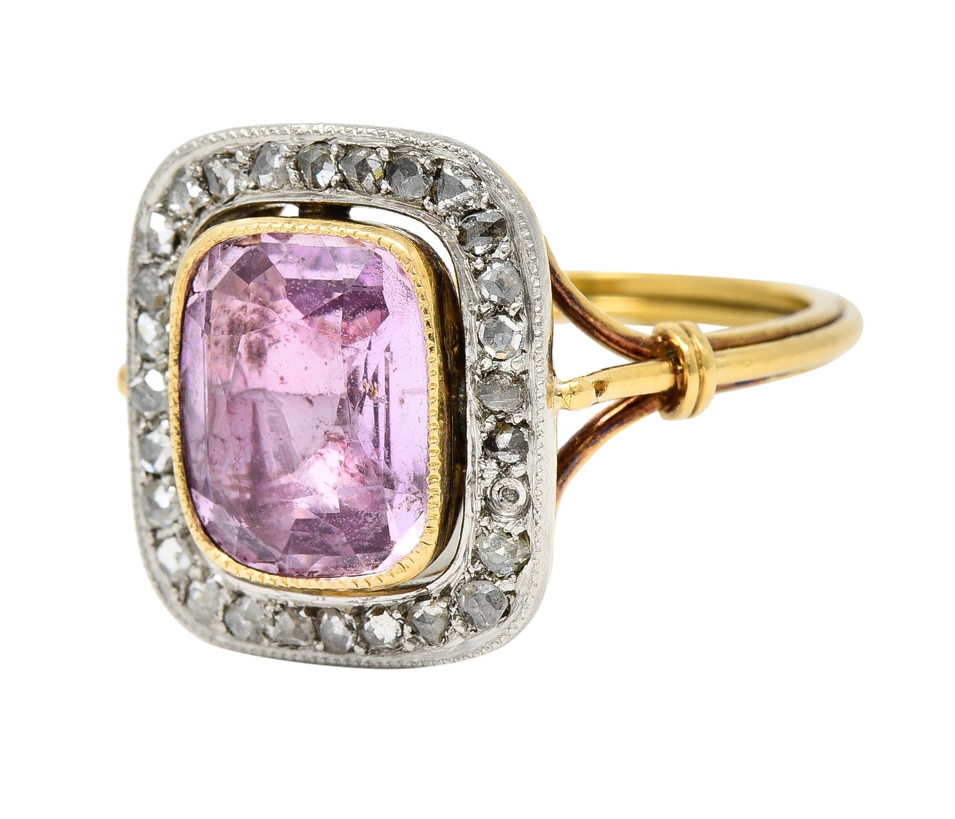 Victorian Pink Sapphire Diamond Platinum 18 Karat Gold Halo Antique Ring Wilson's Estate Jewelry