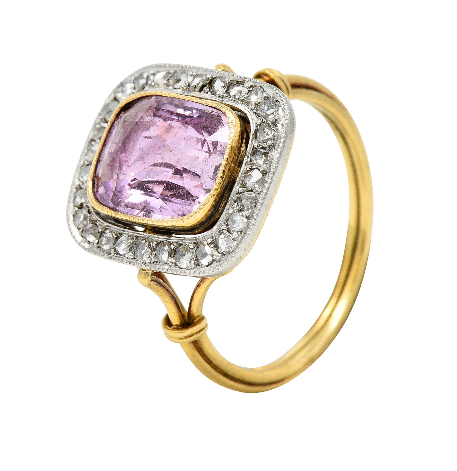 Victorian Pink Sapphire Diamond Platinum 18 Karat Gold Halo Antique Ring Wilson's Estate Jewelry