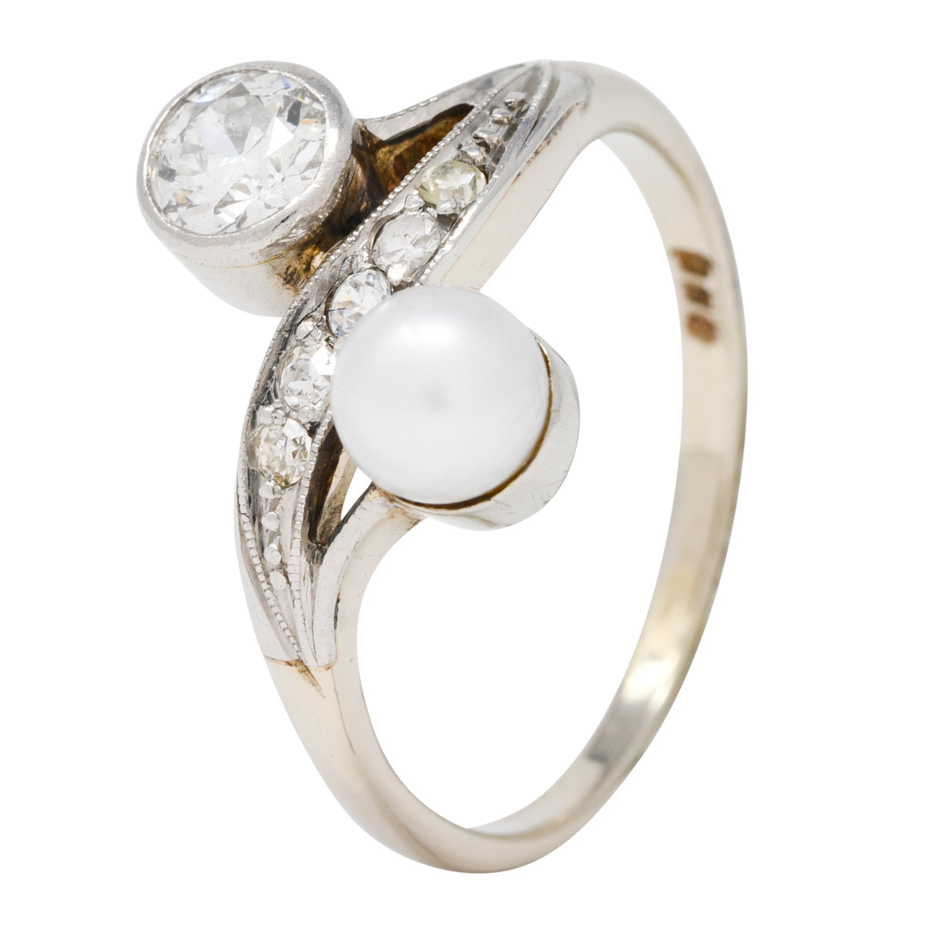 Retro Pearl Diamond 14 Karat White Gold Toi Et Moi Ring Wilson's Estate Jewelry