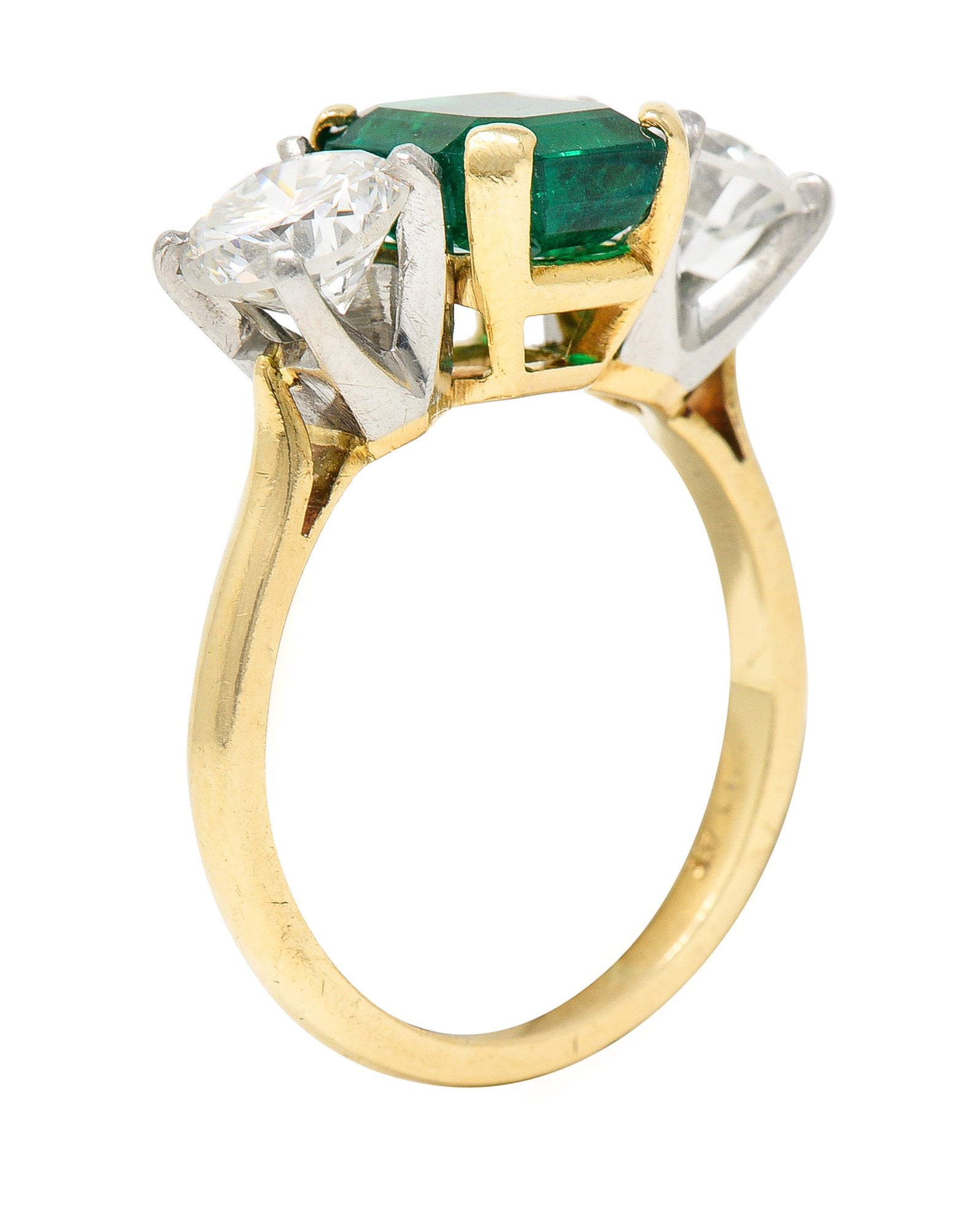 1980's 3.27 CTW Colombian Emerald Diamond Platinum 14 Karat Yellow Gold Vintage Three Stone Ring GIA Wilson's Estate Jewelry