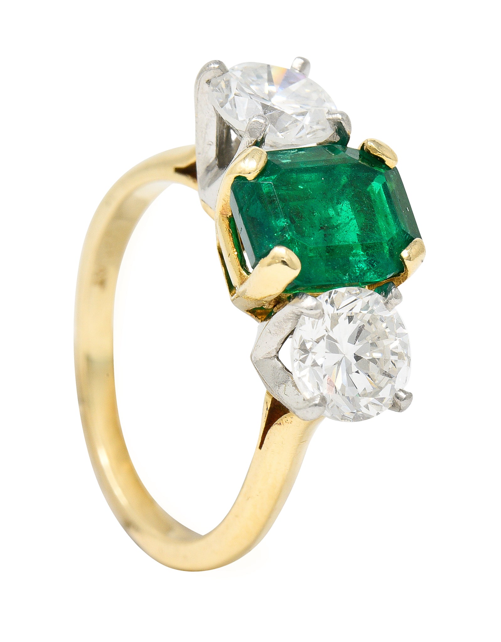 1980's 3.27 CTW Colombian Emerald Diamond Platinum 14 Karat Yellow Gold Vintage Three Stone Ring GIA Wilson's Estate Jewelry