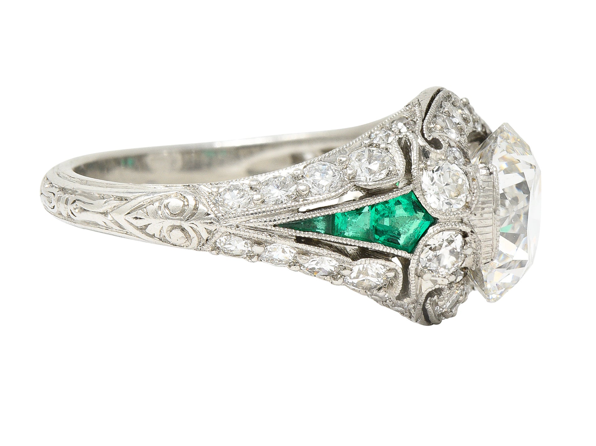 Art Deco 2.74 CTW Old European Cut Diamond Emerald Platinum Vintage Engagement Ring Wilson's Estate Jewelry