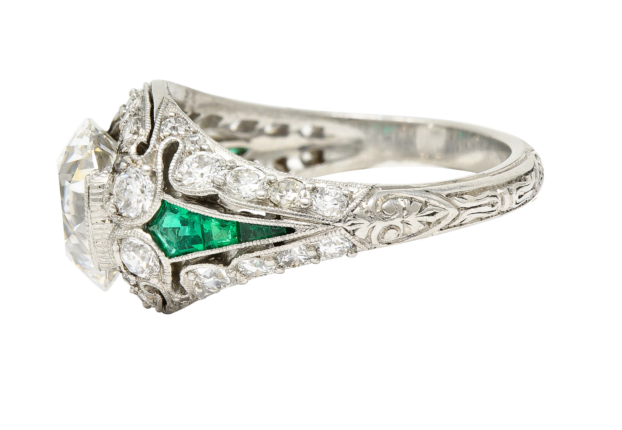 Art Deco 2.74 CTW Old European Cut Diamond Emerald Platinum Vintage Engagement Ring Wilson's Estate Jewelry