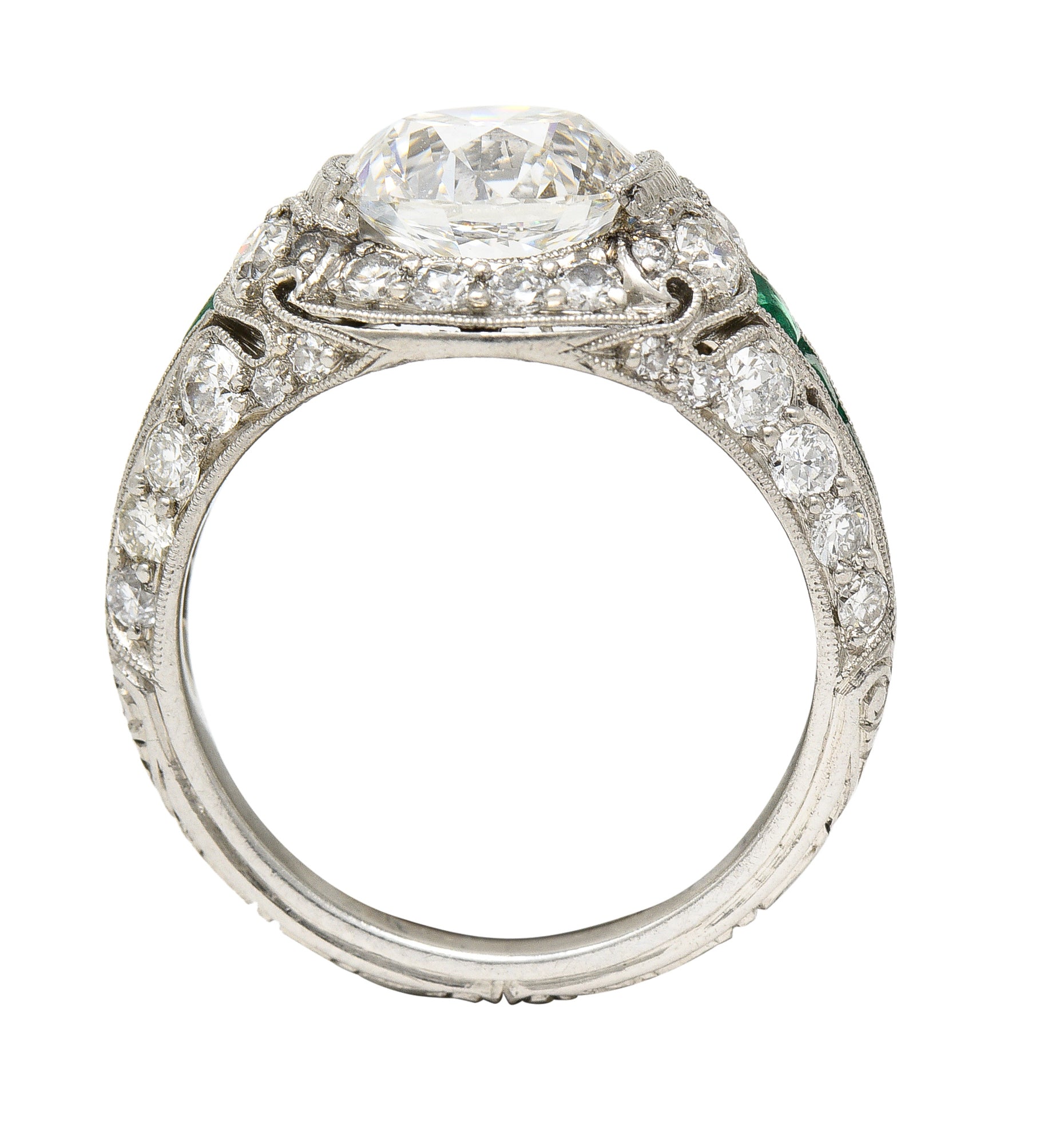 Art Deco 2.74 CTW Old European Cut Diamond Emerald Platinum Vintage Engagement Ring Wilson's Estate Jewelry