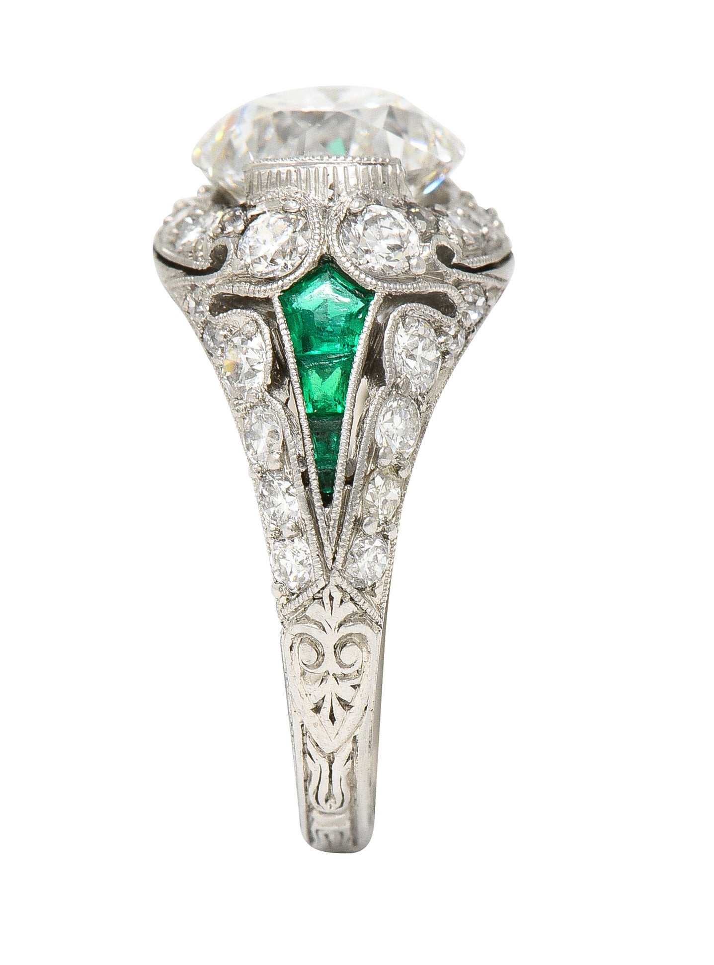 Art Deco 2.74 CTW Old European Cut Diamond Emerald Platinum Vintage Engagement Ring Wilson's Estate Jewelry