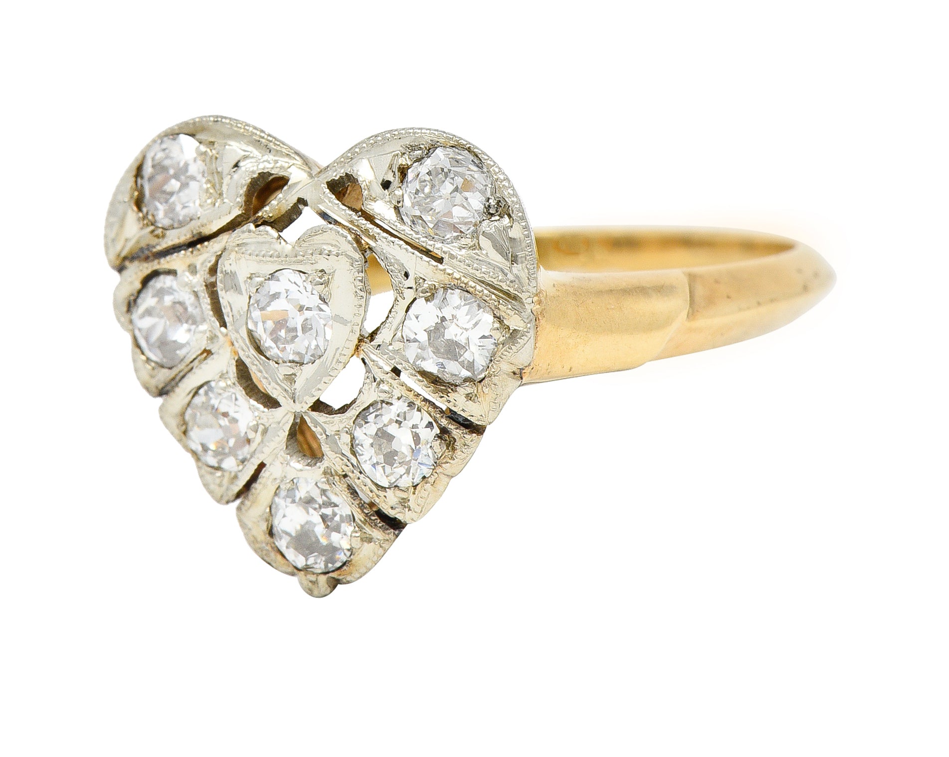 Edwardian 0.74 CTW Diamond Platinum-Topped 14 Karat Gold Antique Heart Ring Wilson's Estate Jewelry