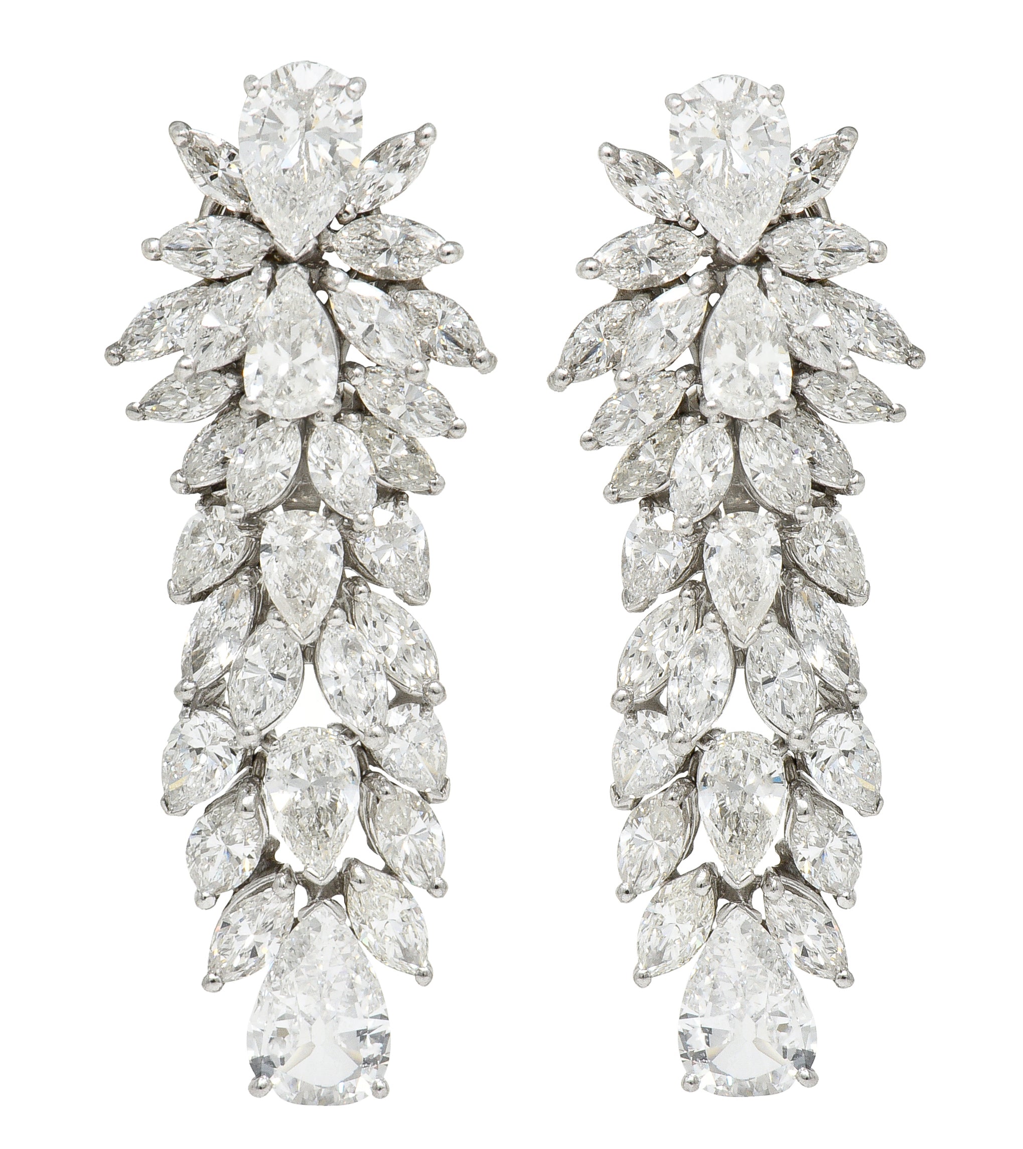 Mid-Century 17.33 CTW Pear & Marquise Cut Diamond Platinum Clustered Burst Vintage Drop Earrings Wilson's Estate Jewelry