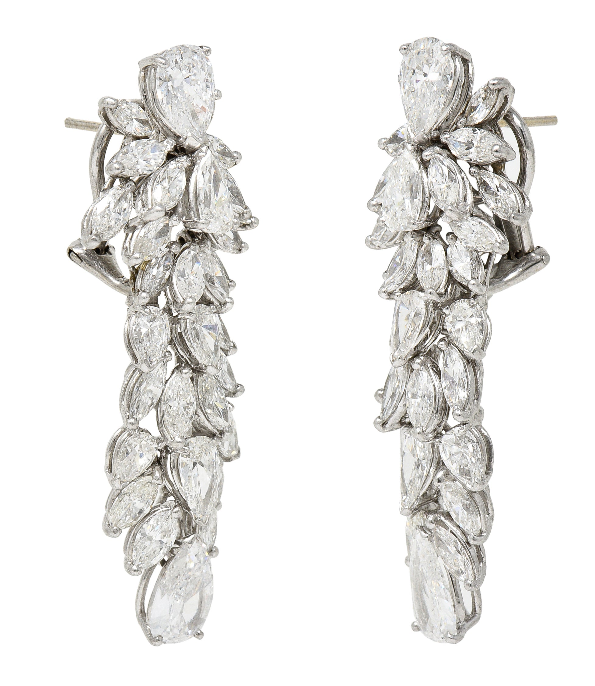 Mid-Century 17.33 CTW Pear & Marquise Cut Diamond Platinum Clustered Burst Vintage Drop Earrings Wilson's Estate Jewelry