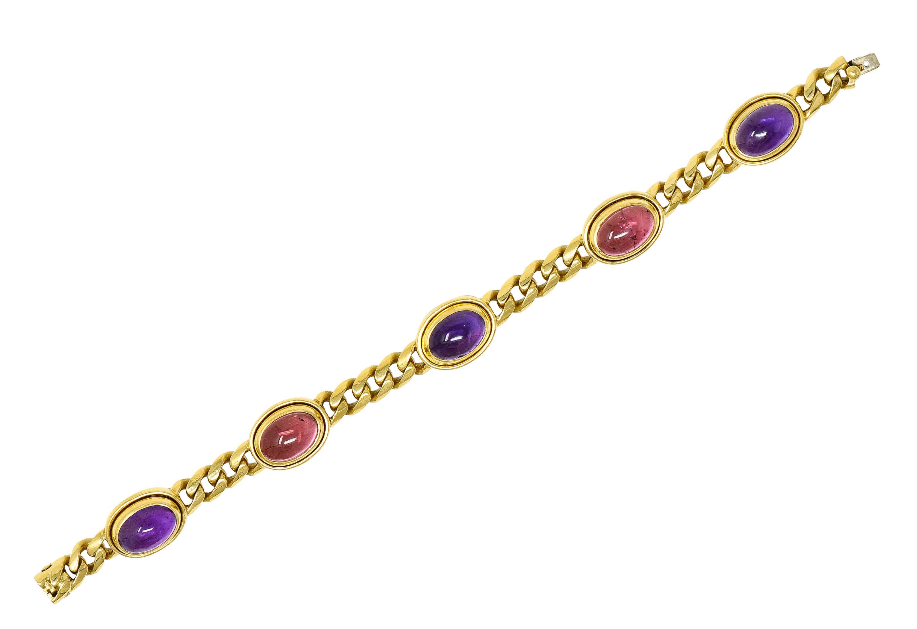 Bulgari 1980's Amethyst Tourmaline Cabochon 18 Karat Yellow Gold Curb Link Vintage Unisex Bracelet Wilson's Estate Jewelry