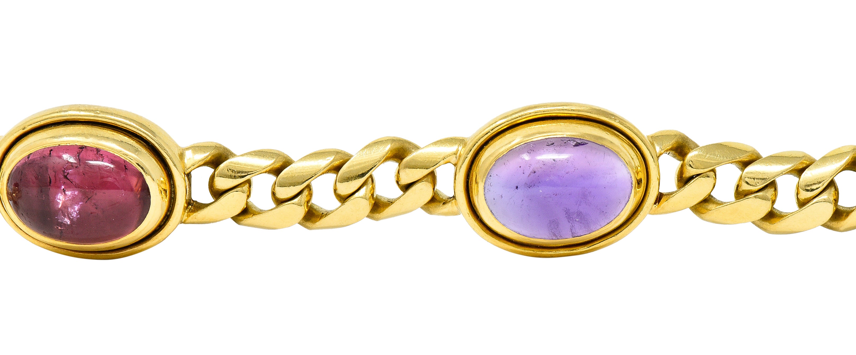 Bulgari 1980's Amethyst Tourmaline Cabochon 18 Karat Yellow Gold Curb Link Vintage Unisex Bracelet Wilson's Estate Jewelry