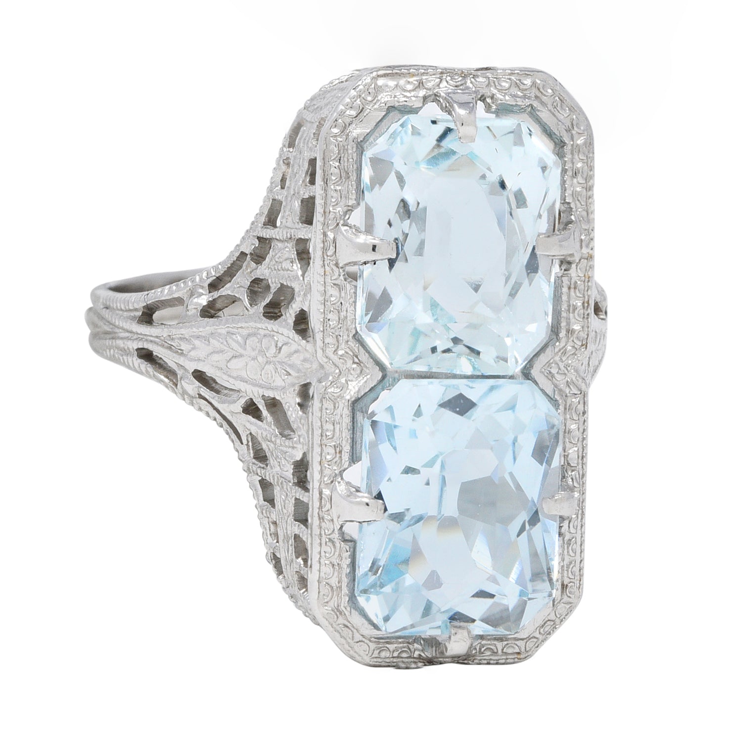 Art Deco Aquamarine 14 Karat White Gold Two-Stone Orange Blossom Vintage Ring Wilson's Estate Jewelry