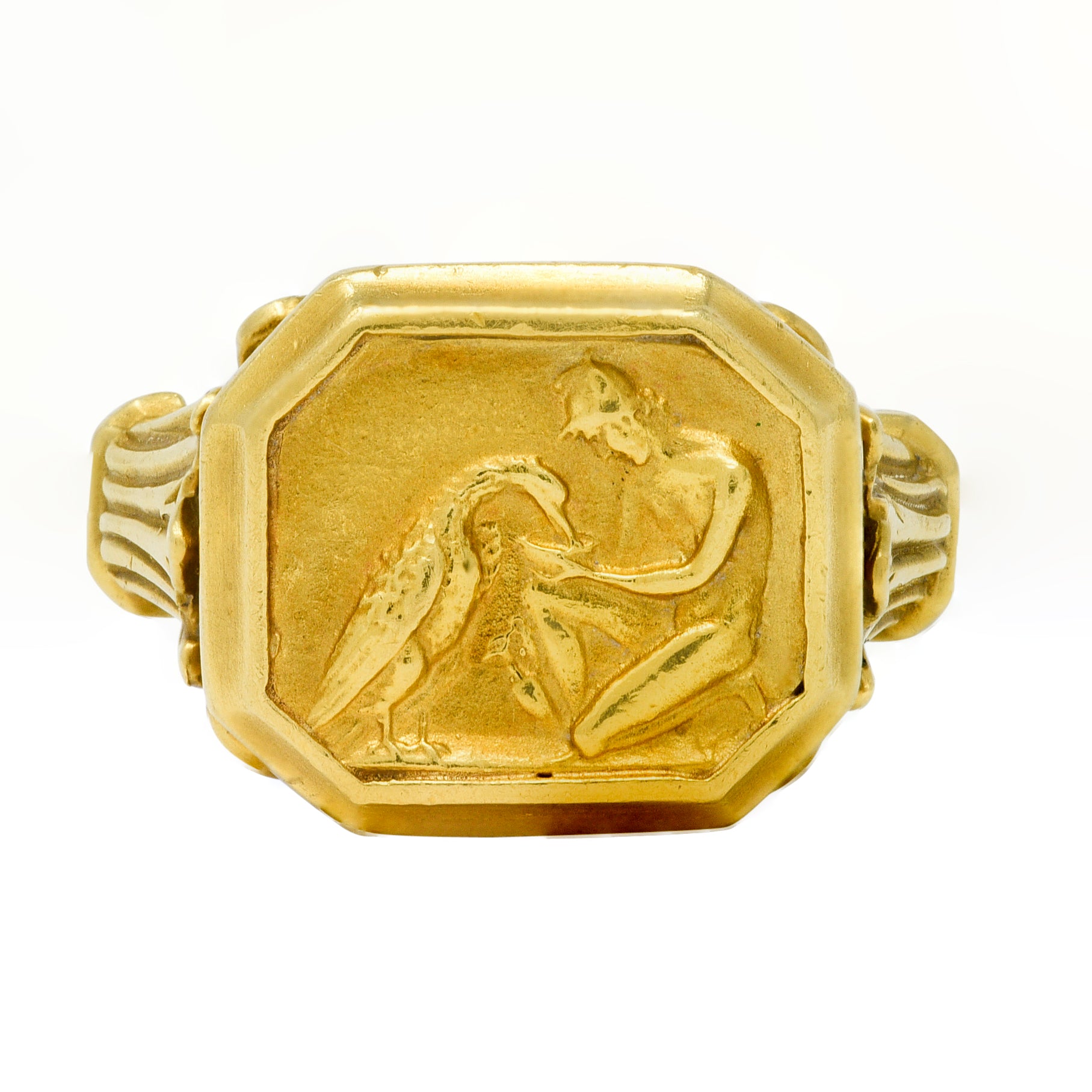 SeidenGang 1980s 18 Karat Yellow Gold Greek Hermes Unisex Vintage Signet Ring Wilson's Estate Jewelry