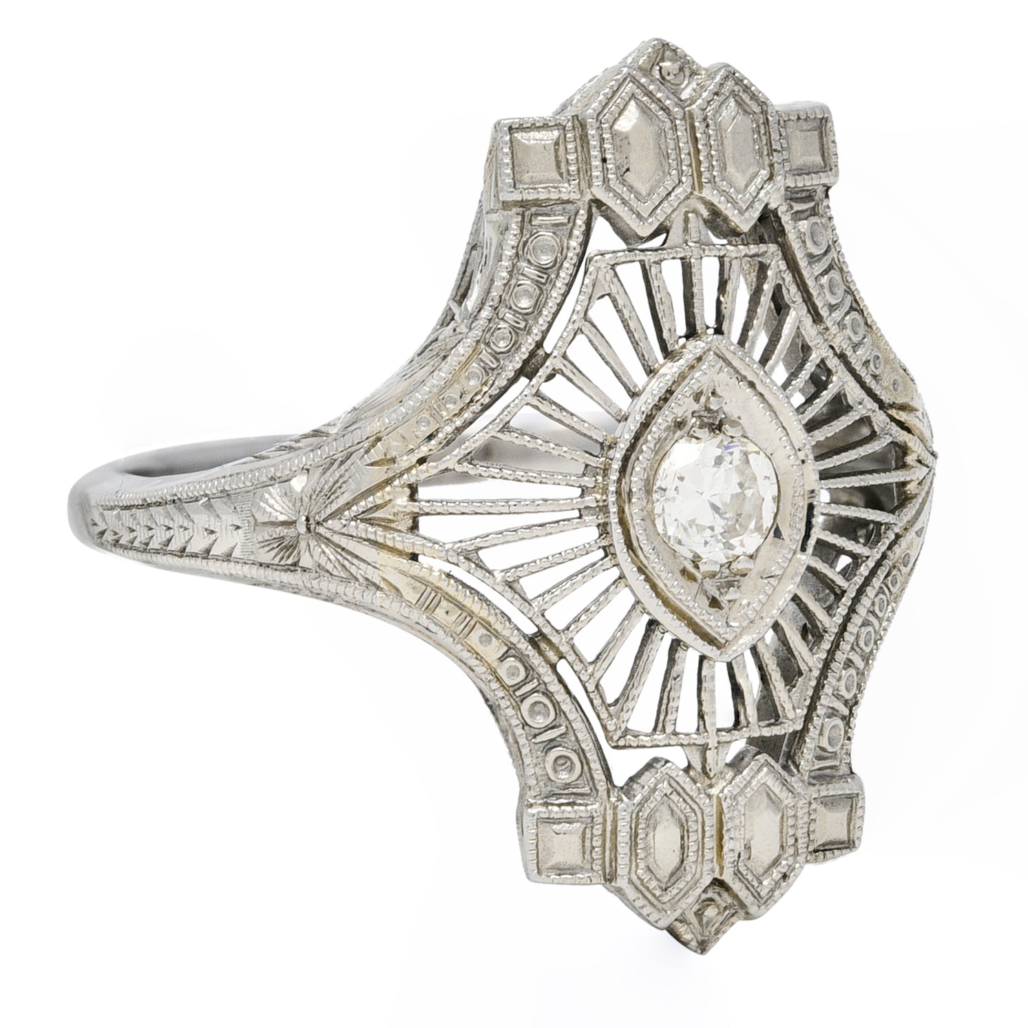 Art Deco Old European Cut Diamond 18 Karat White Gold Wheat Vintage Dinner Ring Wilson's Estate Jewelry