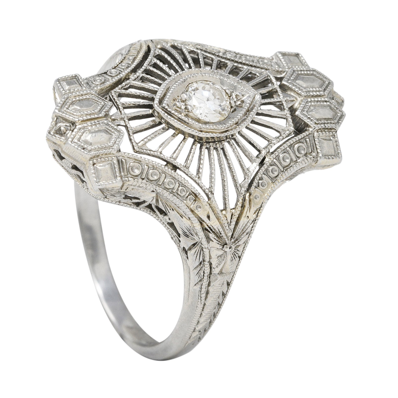 Art Deco Old European Cut Diamond 18 Karat White Gold Wheat Vintage Dinner Ring Wilson's Estate Jewelry