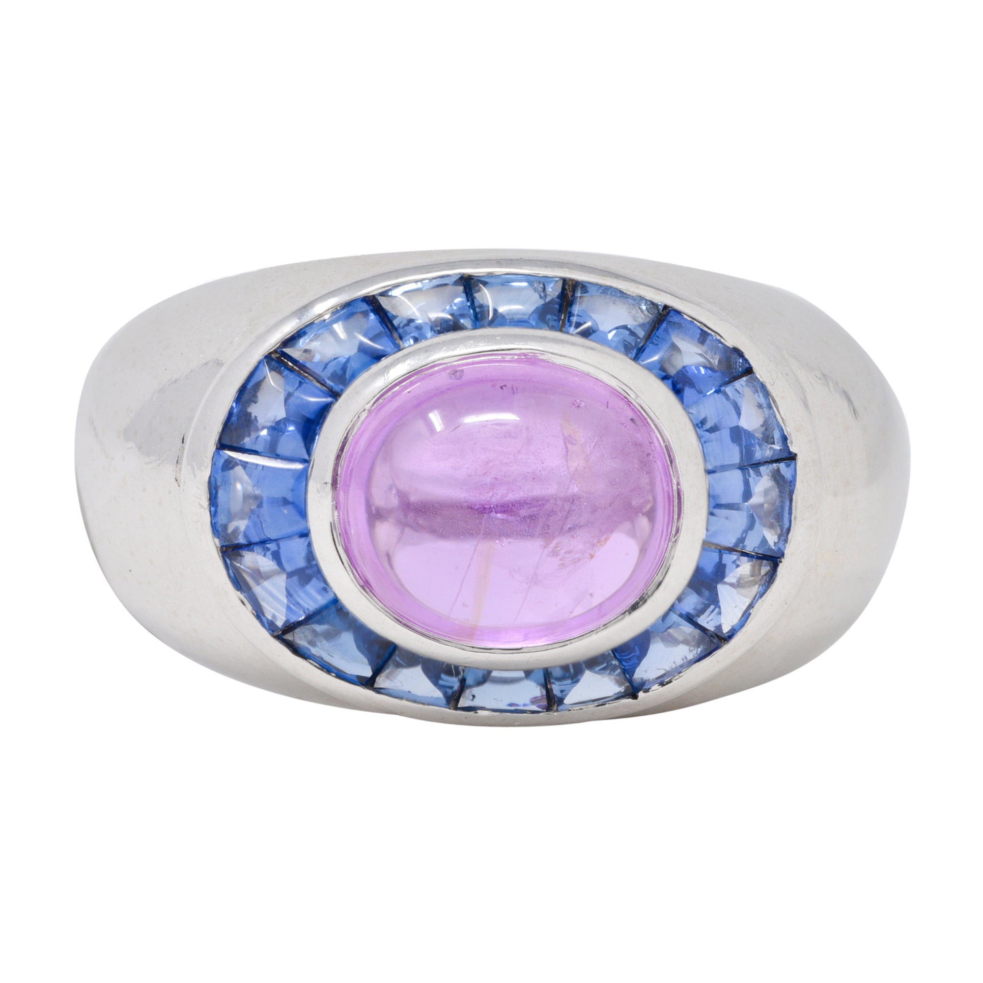 Boucheron French Modernist 5.08 CTW Purple Sapphire Cabochon 18 Karat White Gold Halo Vintage Ring Wilson's Estate Jewelry