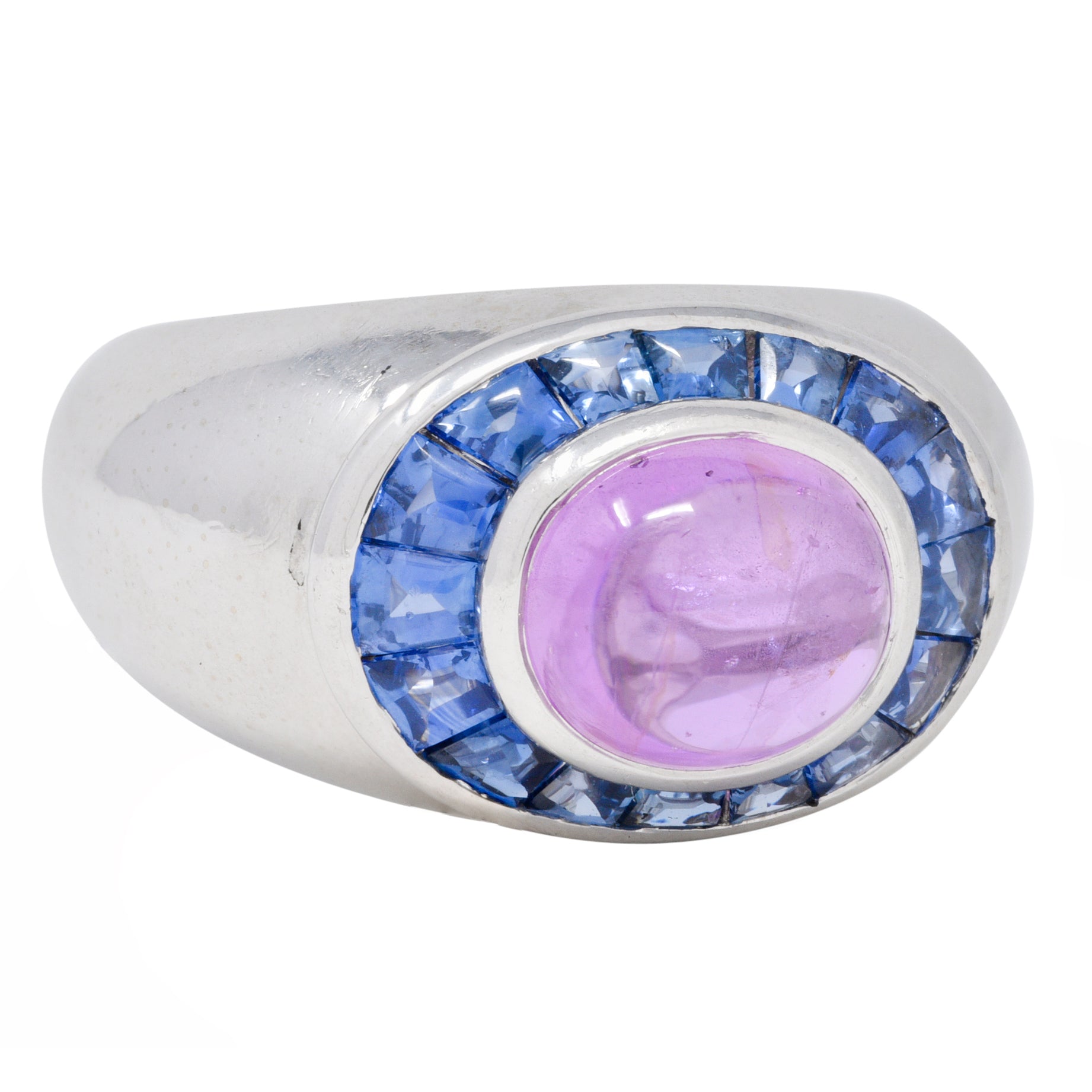 Boucheron French Modernist 5.08 CTW Purple Sapphire Cabochon 18 Karat White Gold Halo Vintage Ring Wilson's Estate Jewelry