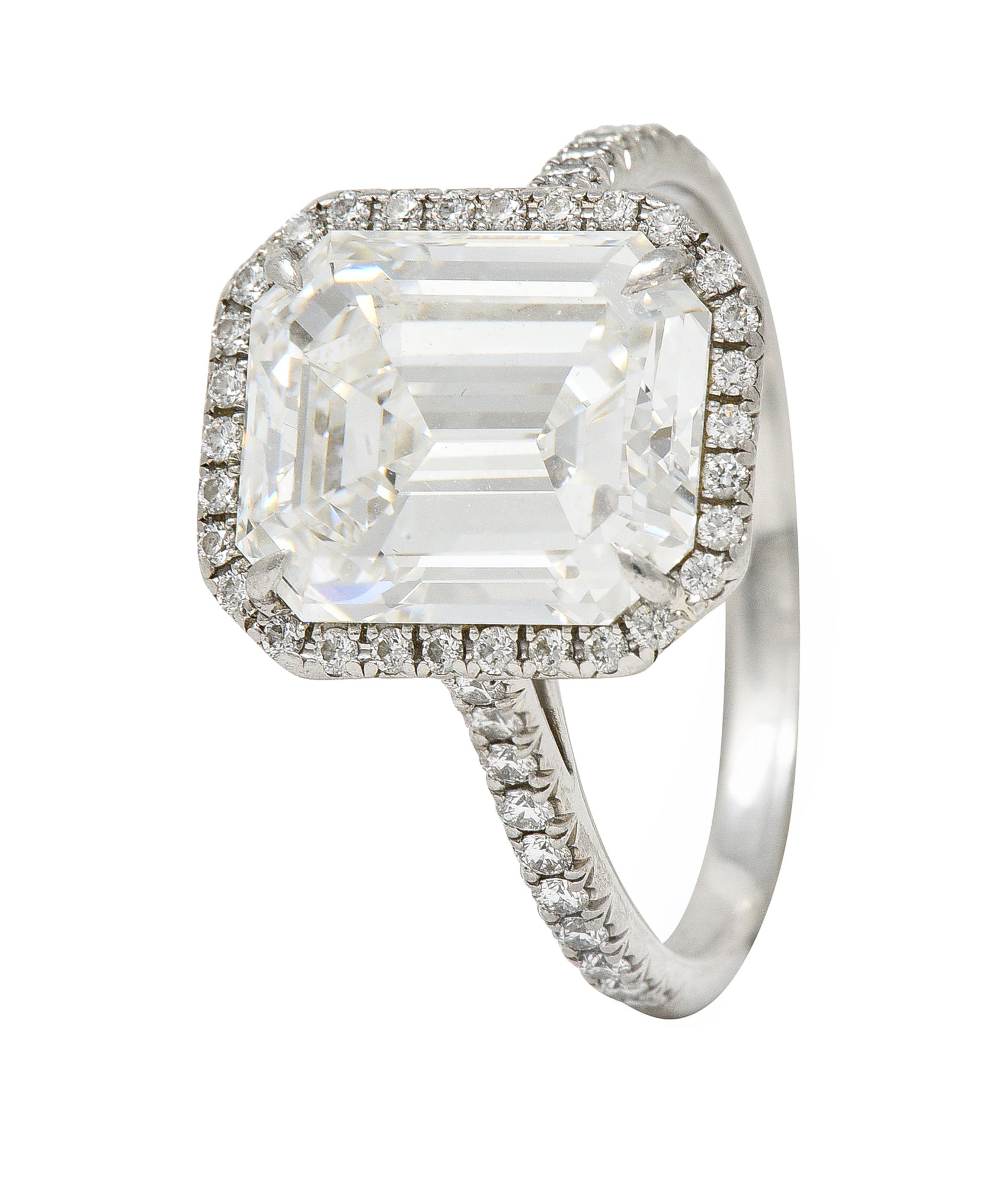 Tiffany & Co. 5.35 CTW Emerald Cut Diamond Platinum Soleste Halo Engagement Ring Wilson's Estate Jewelry