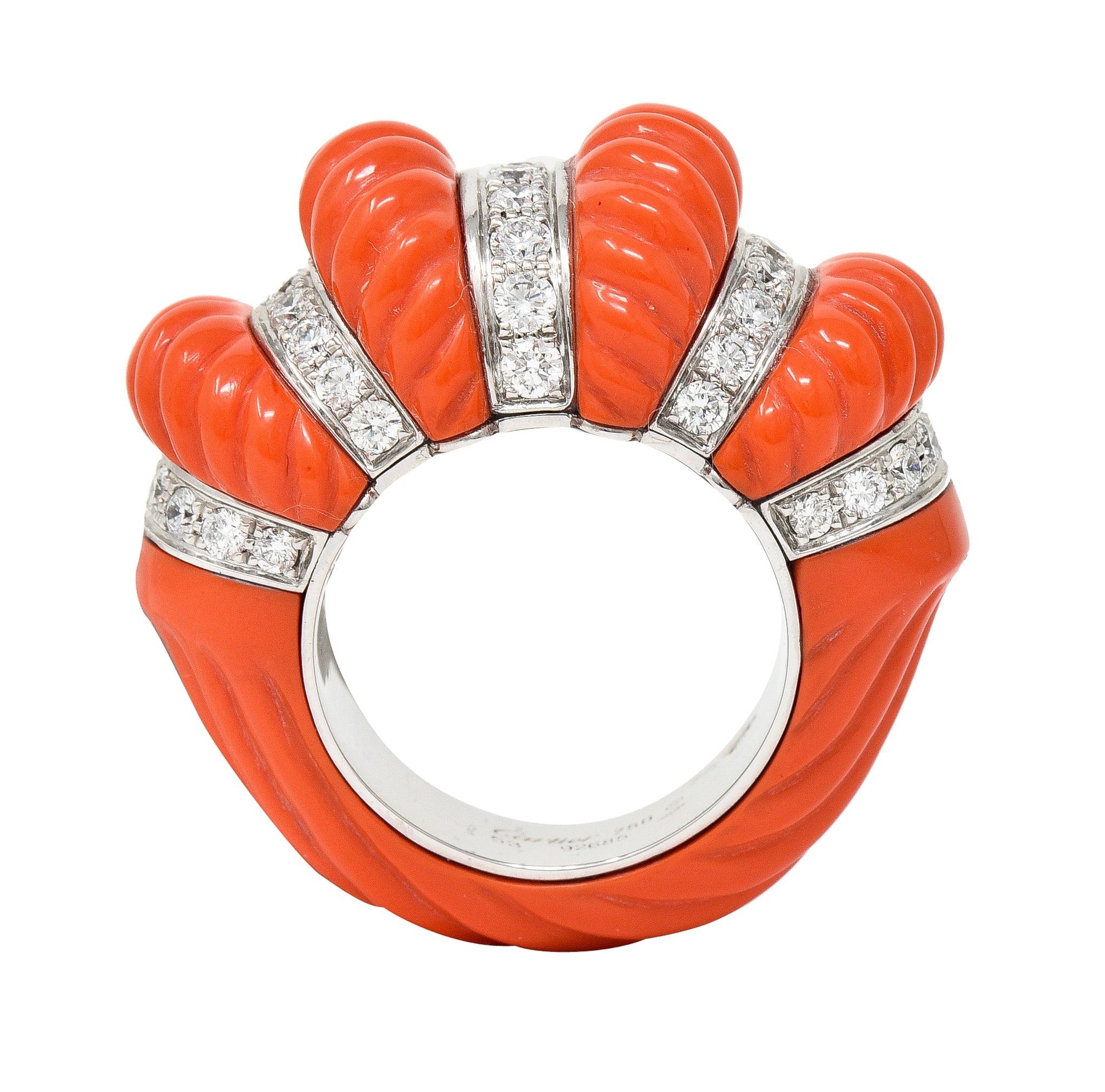 Cartier French 1.93 CTW Diamond Coral 18 Karat Gold Vintage Dome Ring Wilson's Estate Jewelry