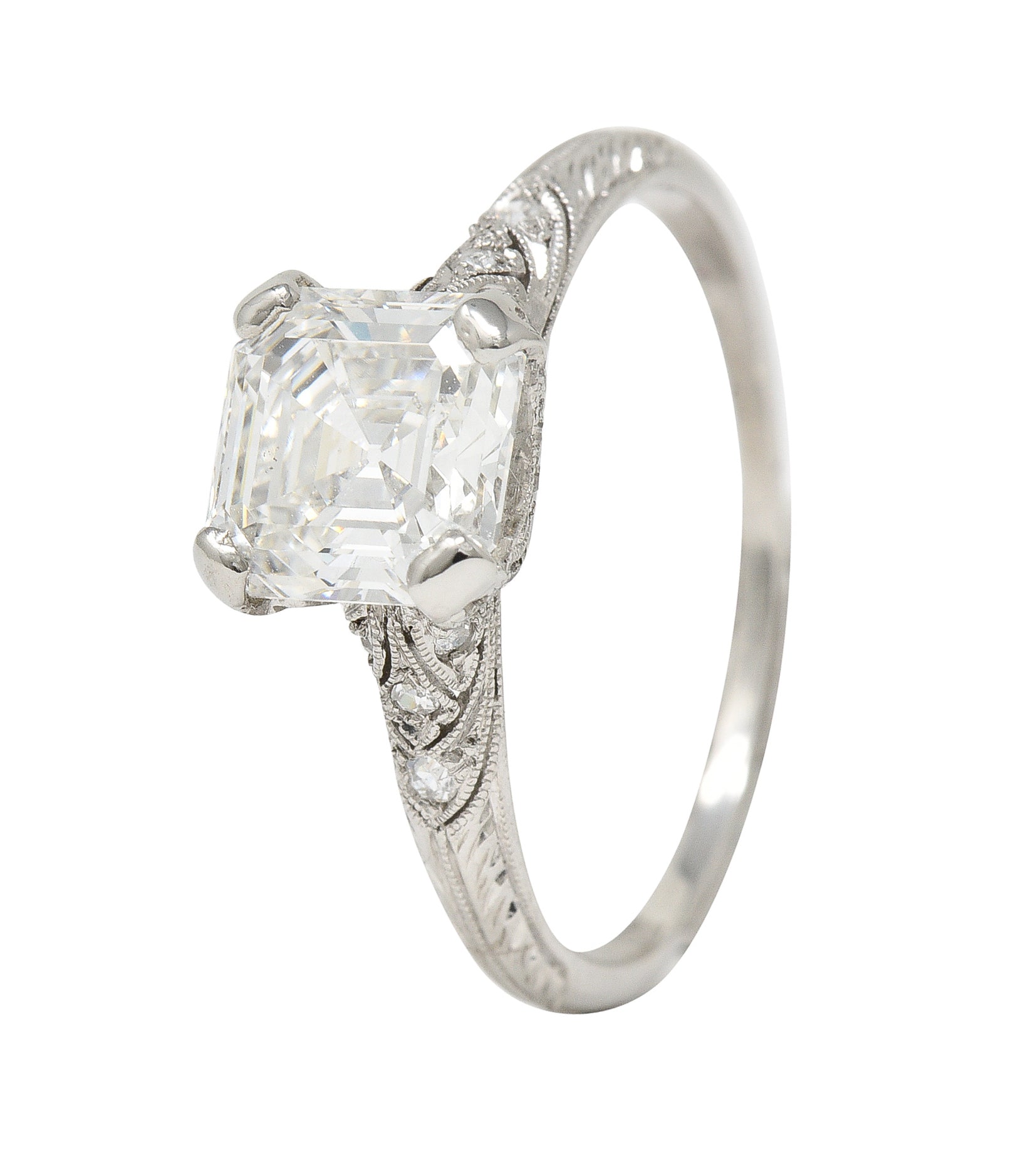 Tiffany & Co. Art Deco 1.88 CTW Asscher Cut Diamond Platinum Foliate Antique Engagement Ring GIA Wilson's Estate Jewelry