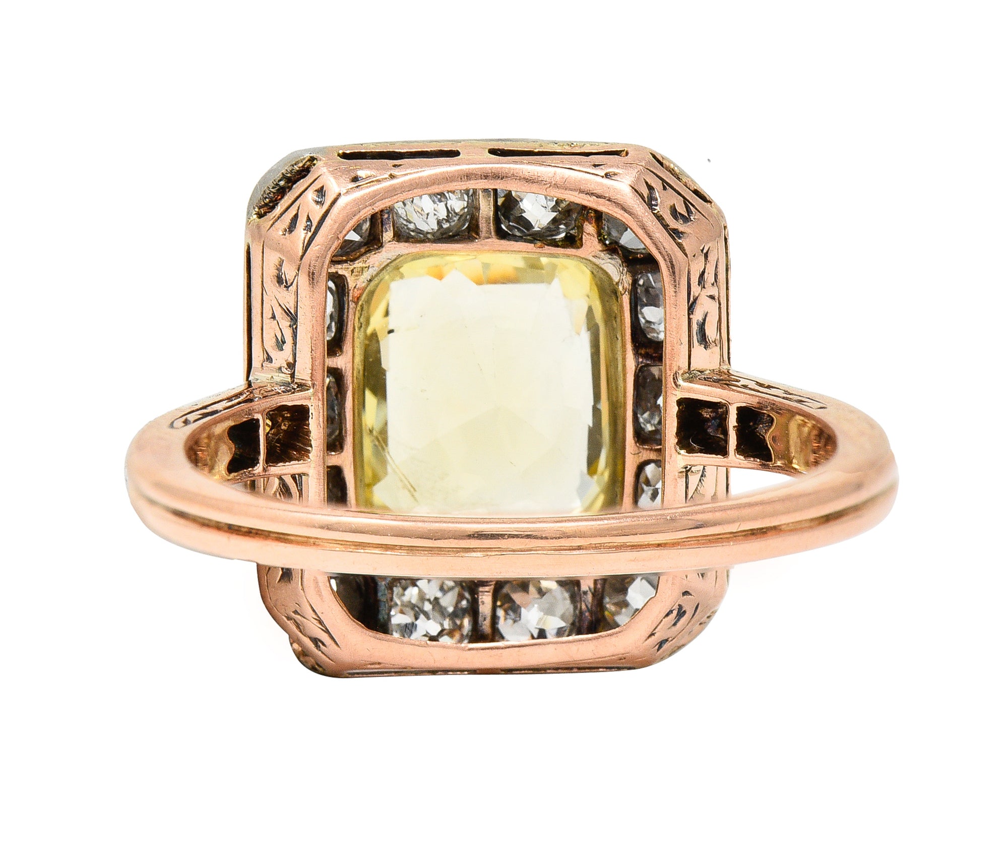 Edwardian 3.84 CTW Yellow Sapphire Diamond Platinum 18 Karat Rose Gold Antique Halo Ring GIA Wilson's Estate Jewelry