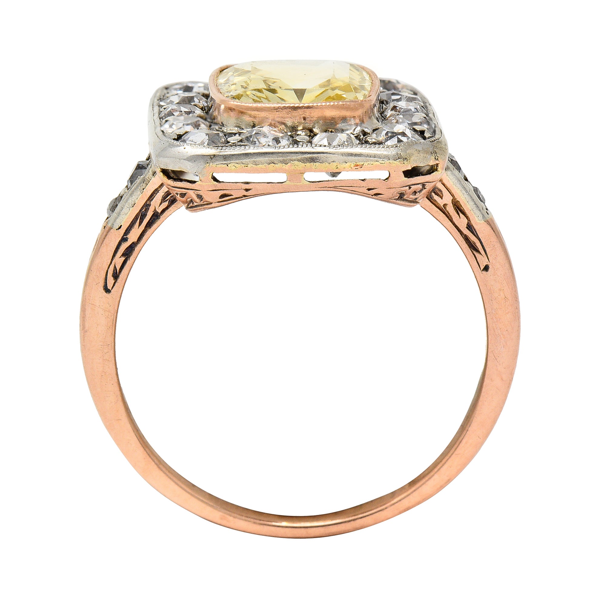 Edwardian 3.84 CTW Yellow Sapphire Diamond Platinum 18 Karat Rose Gold Antique Halo Ring GIA Wilson's Estate Jewelry