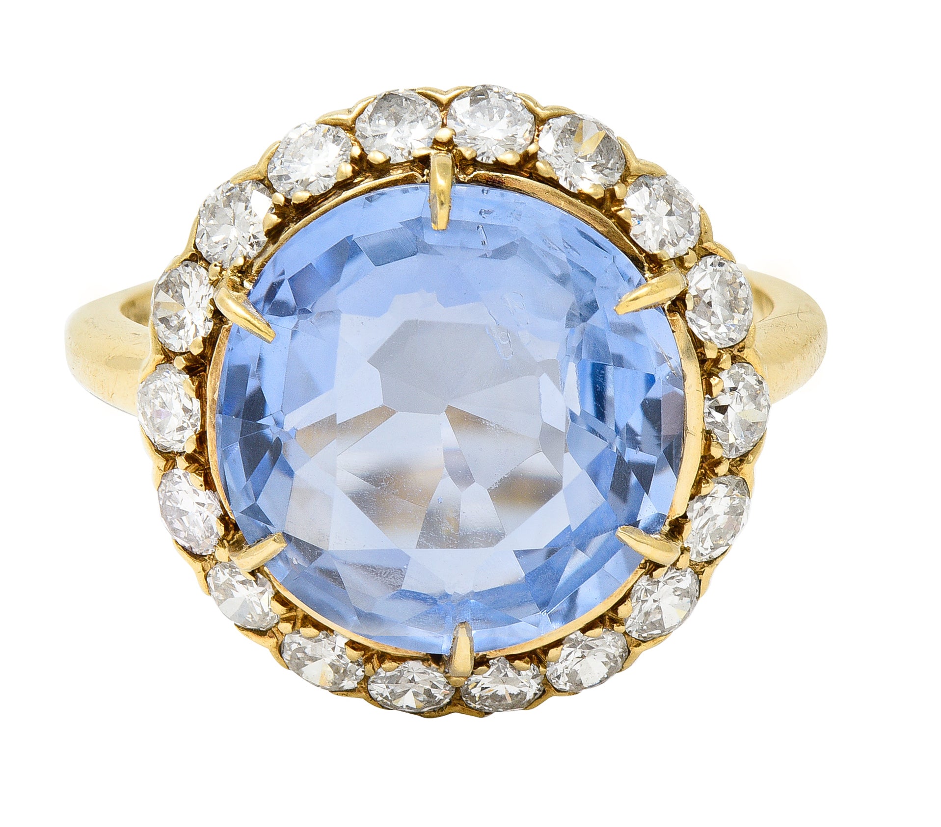 Jabel Mid-Century 6.99 CTW No Heat Ceylon Sapphire Diamond 14 Karat Yellow Gold Vintage Halo Ring GIA Wilson's Estate Jewelry