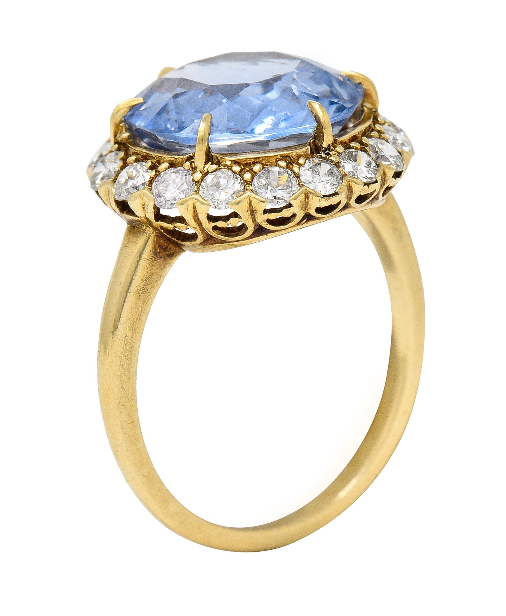 Jabel Mid-Century 6.99 CTW No Heat Ceylon Sapphire Diamond 14 Karat Yellow Gold Vintage Halo Ring GIA Wilson's Estate Jewelry