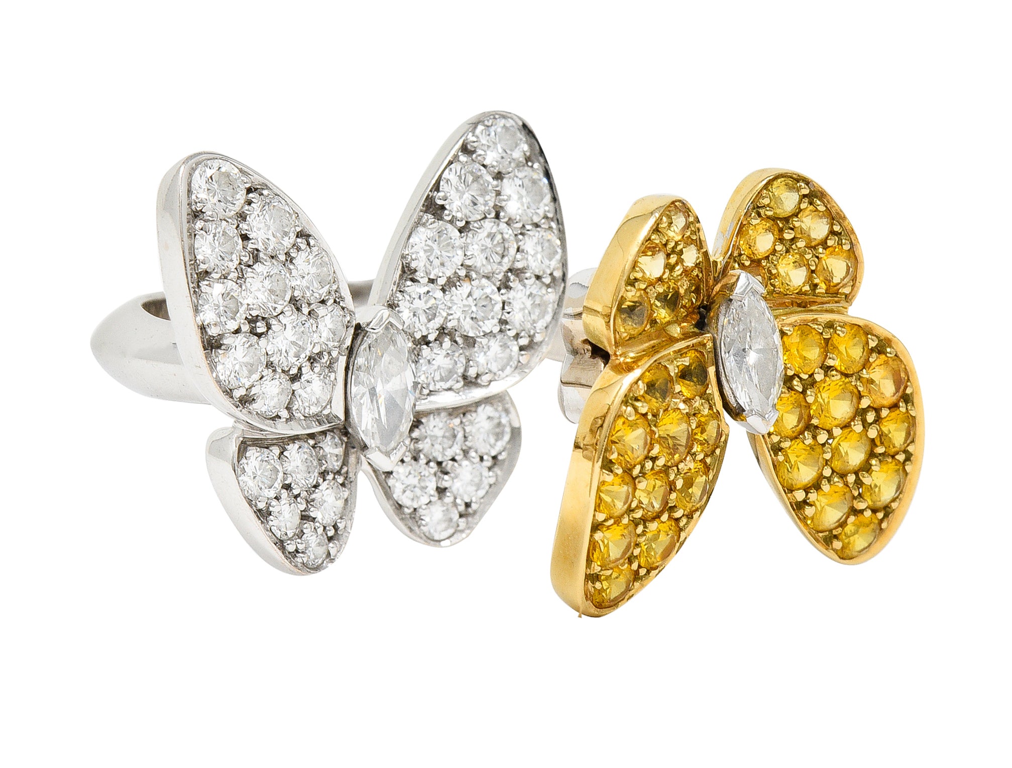 Van Cleef & Arpels Yellow Sapphire Diamond 18 Karat Gold Two Butterfly Between Finger Ring Wilson's Estate Jewelry