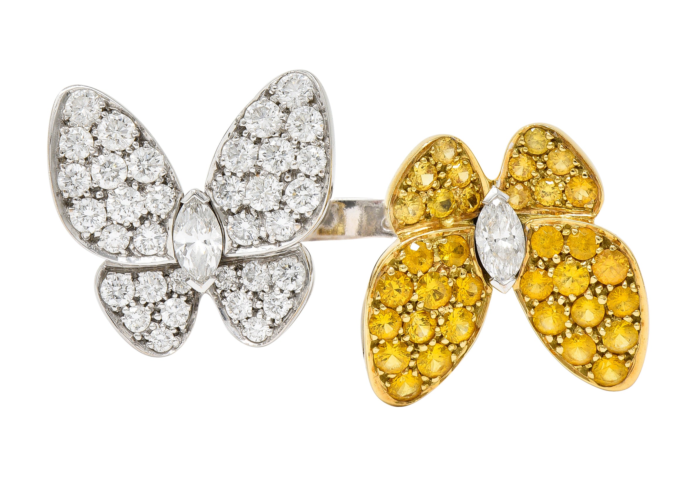 Van Cleef & Arpels Yellow Sapphire Diamond 18 Karat Gold Two Butterfly Between Finger Ring Wilson's Estate Jewelry