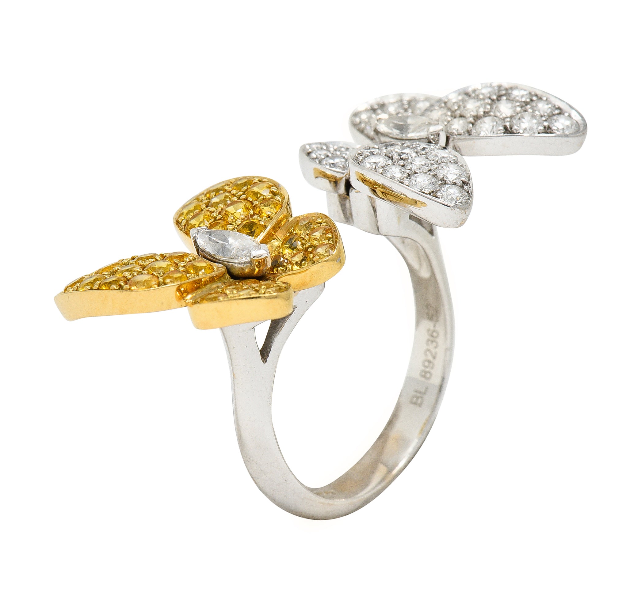 Van Cleef & Arpels Yellow Sapphire Diamond 18 Karat Gold Two Butterfly Between Finger Ring Wilson's Estate Jewelry