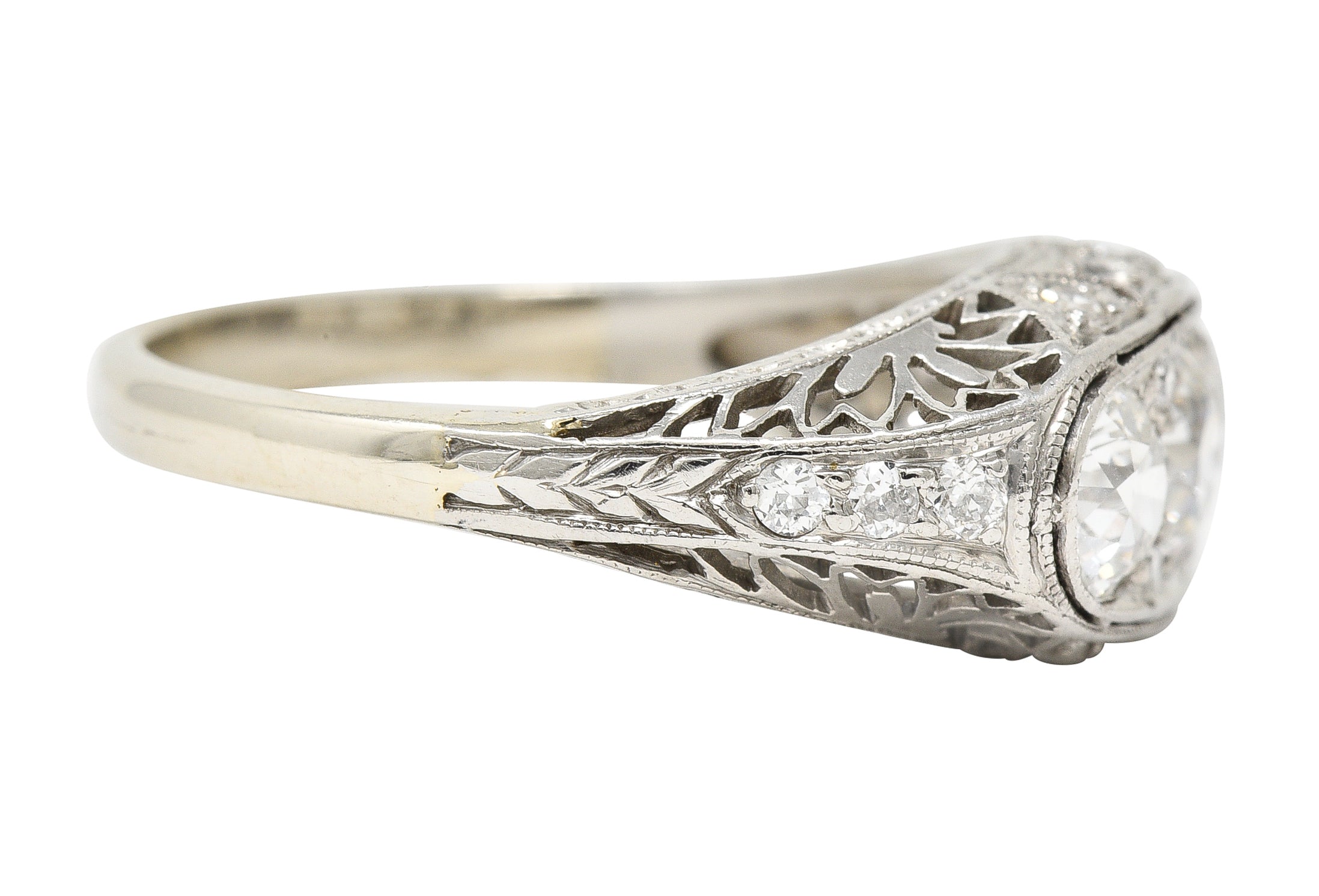 Art Deco 1.38 CTW Diamond Platinum Three Stone Foliate Vintage Ring