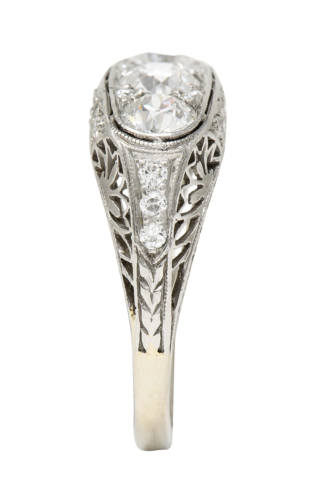 Art Deco 1.38 CTW Diamond Platinum Three Stone Foliate Vintage Ring