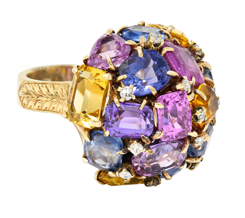 1960s 30.86 CTW Sapphire Heliodor Diamond 14 Karat Yellow Gold Dome Cluster Vintage Ring Wilson's Estate Jewelry