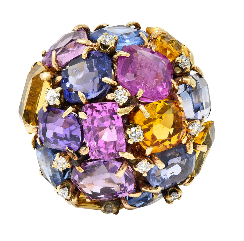 1960s 30.86 CTW Sapphire Heliodor Diamond 14 Karat Yellow Gold Dome Cluster Vintage Ring Wilson's Estate Jewelry