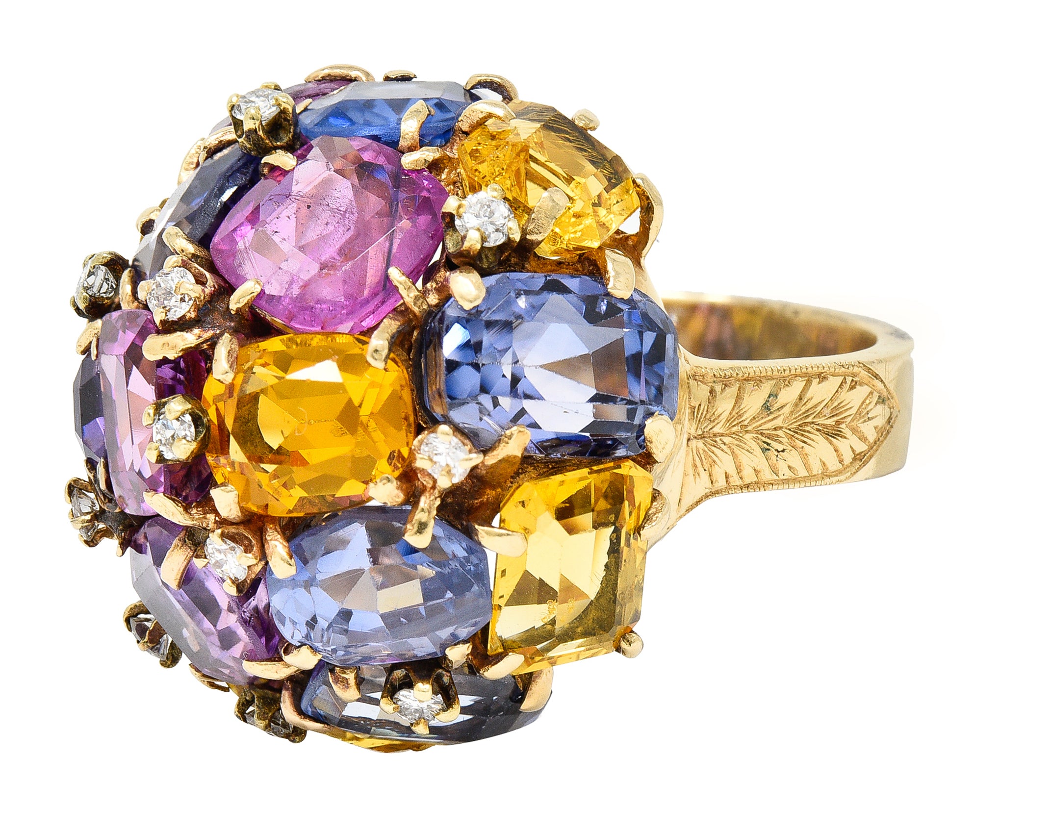 1960s 30.86 CTW Sapphire Heliodor Diamond 14 Karat Yellow Gold Dome Cluster Vintage Ring Wilson's Estate Jewelry