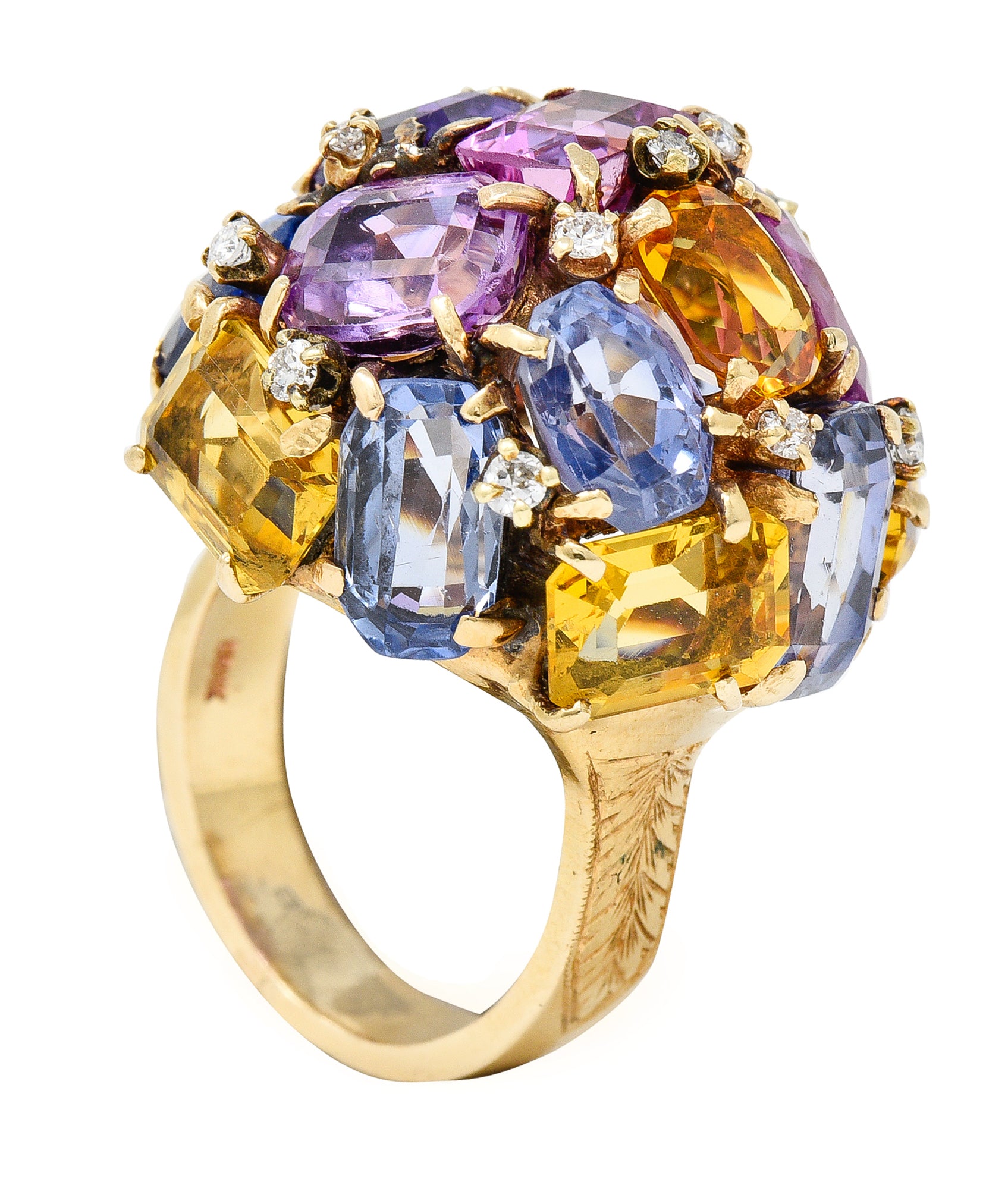 1960s 30.86 CTW Sapphire Heliodor Diamond 14 Karat Yellow Gold Dome Cluster Vintage Ring Wilson's Estate Jewelry