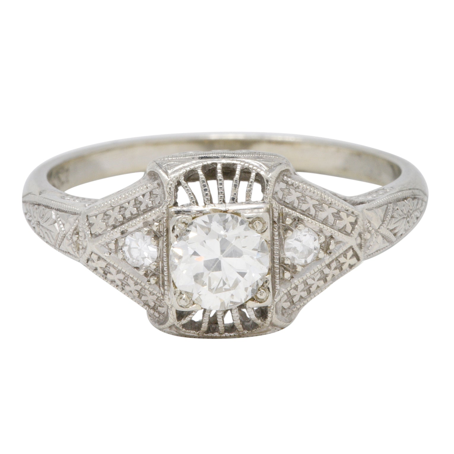 Art Deco Diamond 19 Karat White Gold Orange Blossom Vintage Engagement Ring Wilson's Estate Jewelry