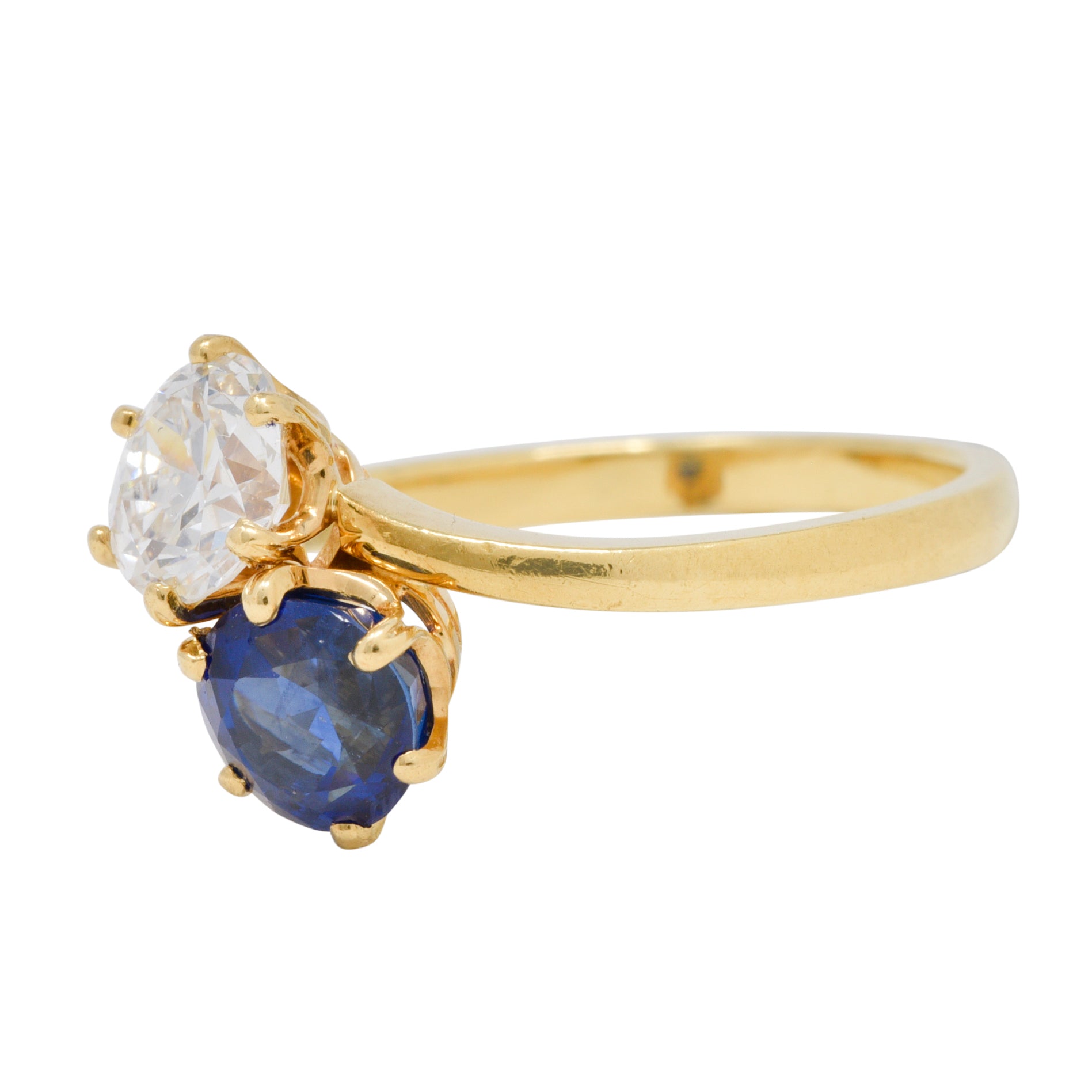 French Victorian Diamond Sapphire 2.04 CTW 18 Karat Gold Toi-Et-Moi Antique Ring Wilson's Estate Jewelry