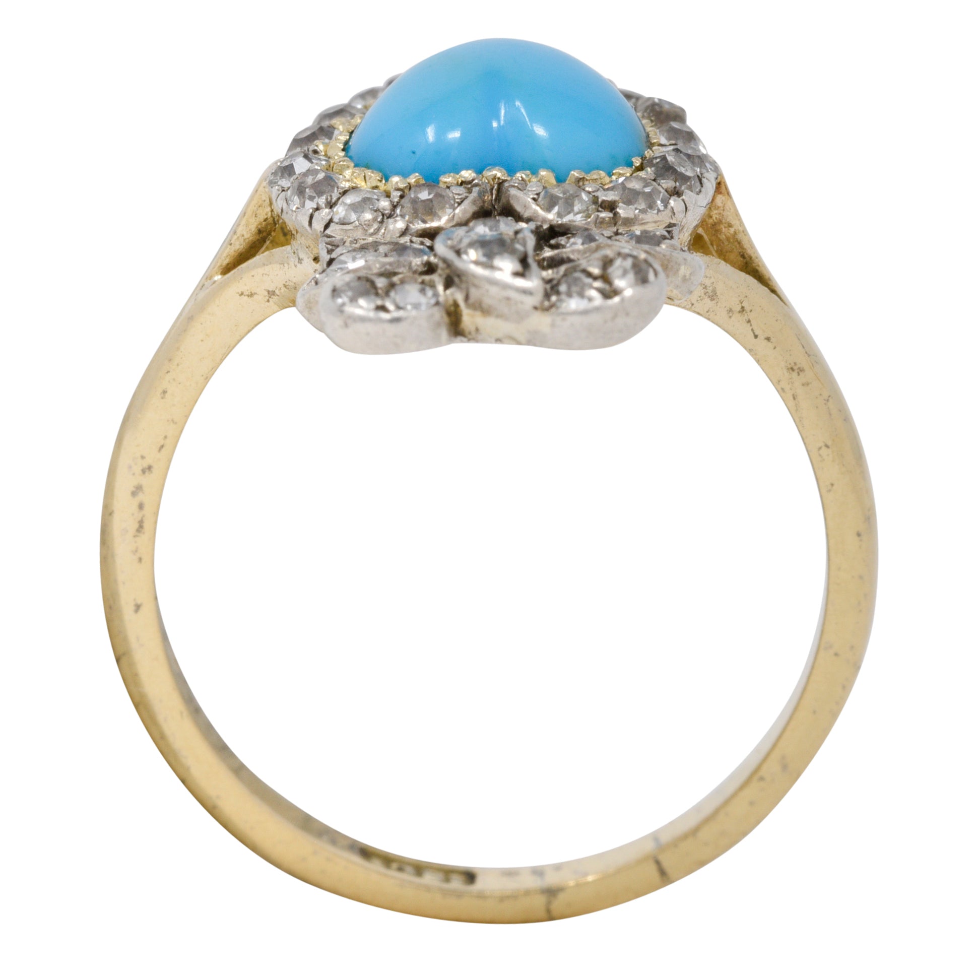 We-11374 Victorian Turquoise Cabochon Diamond 18 Karat Yellow Gold Antique Heart Ring Wilson's Estate Jewelry