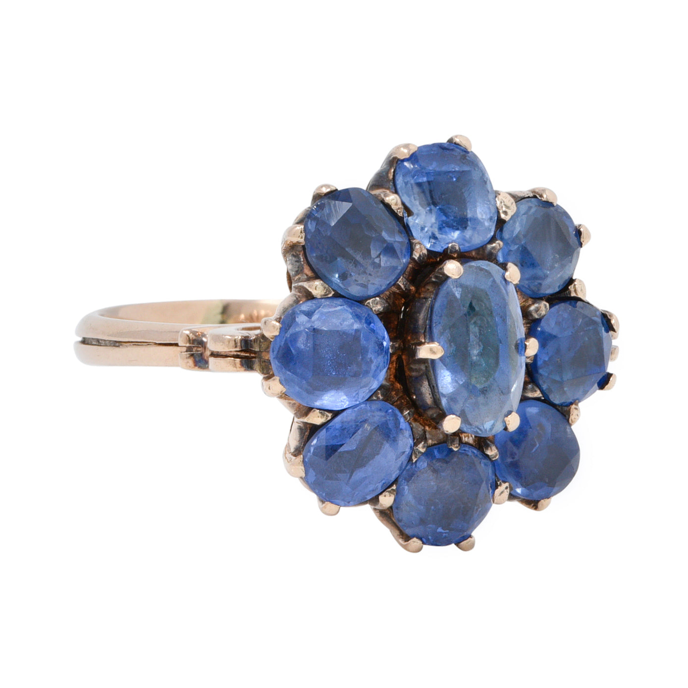 Victorian 3.20 CTW Sapphire 14 Karat Rose Gold Bow Antique Cluster Ring Wilson's Estate Jewelry