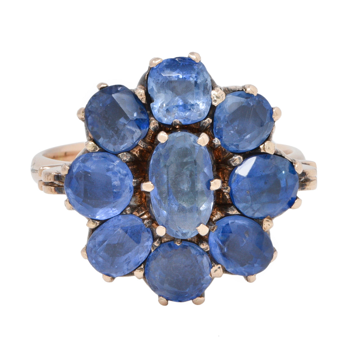 Victorian 3.20 CTW Sapphire 14 Karat Rose Gold Bow Antique Cluster Ring Wilson's Estate Jewelry