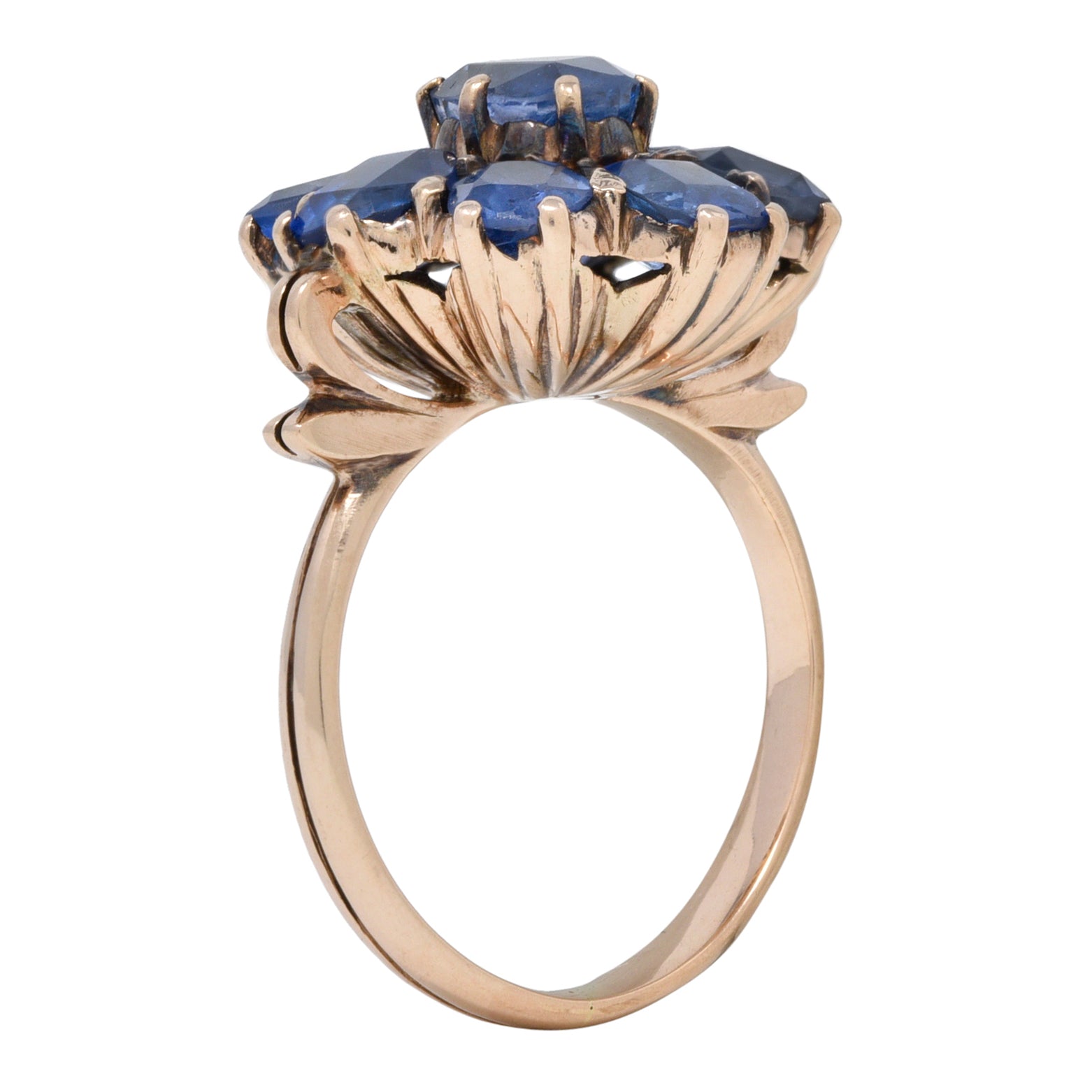 Victorian 3.20 CTW Sapphire 14 Karat Rose Gold Bow Antique Cluster Ring Wilson's Estate Jewelry