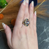 Arts & Crafts Moonstone 1.00 CTW Sapphire 14 Karat Green Gold Floral Ring