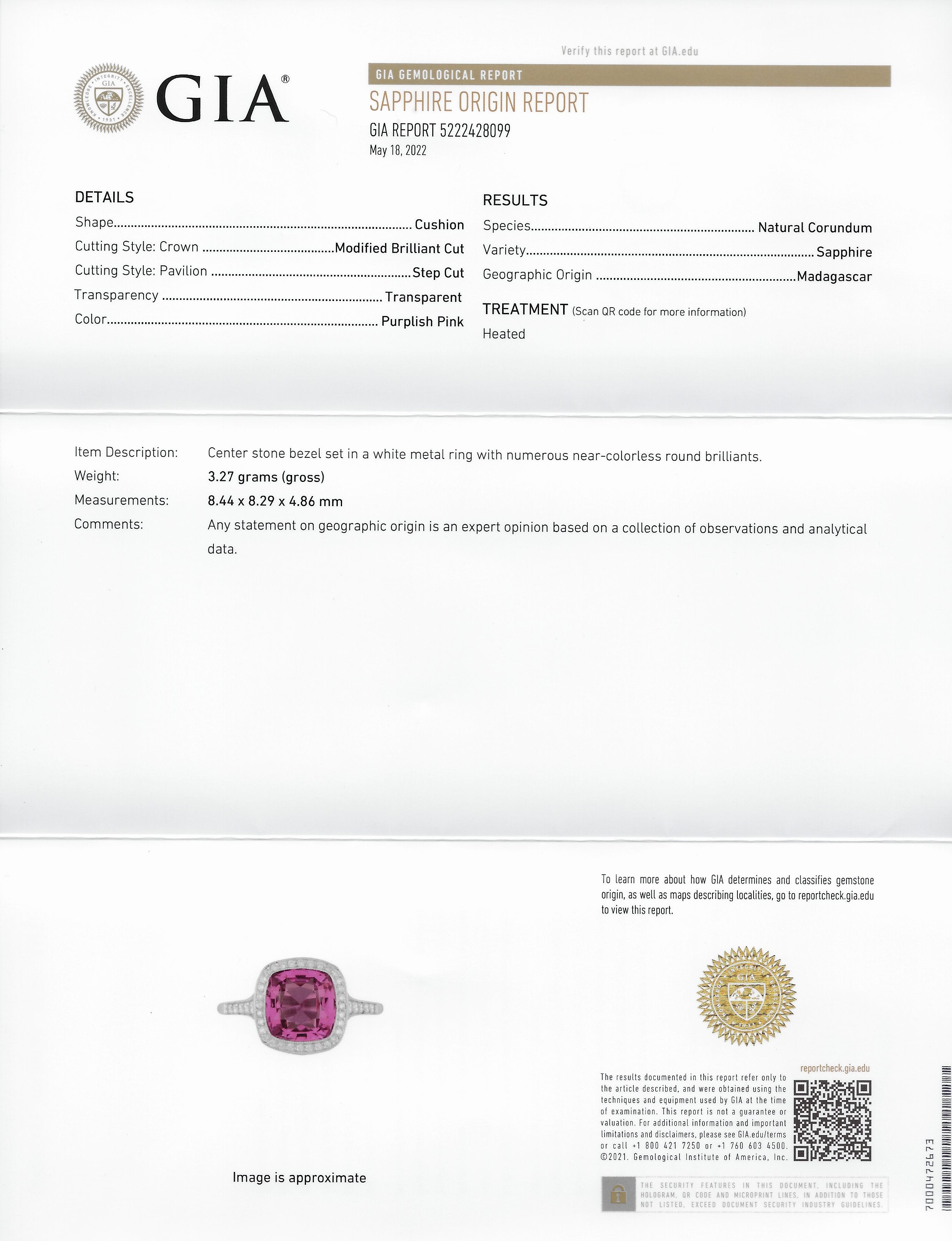 Contemporary 3.60 CTW Pink Sapphire Diamond Platinum Diamond Halo Gemstone Ring GIA Wilson's Estate Jewelry